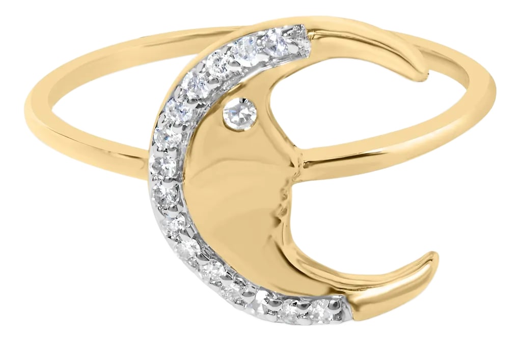10K Yellow Gold 1/10 Cttw Diamond Crescent Moon Ring (I-J Color, I1-I2 Clarity) - Ring Size 7: Embrace the celestial charm with this enchanting 10K yellow gold ring, showcasing a whimsical crescent moon that reveals a tender face within its silhouette. The moon's 'eye' winks playfully, set