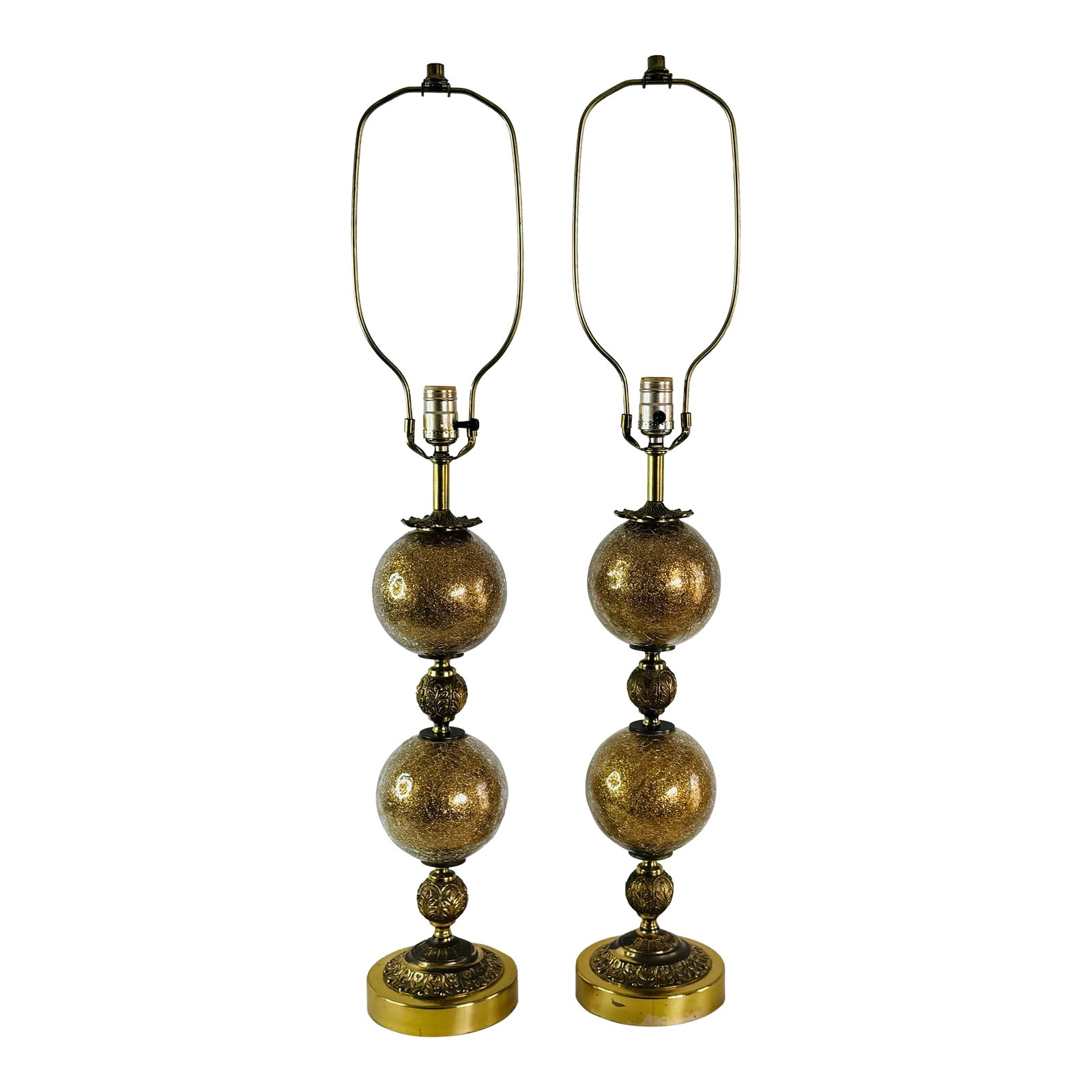 Vintage 1960s Hollywood Regency Clear Crackle Glass Over Gold Glitter Murano Table Lamps, a Pair: Vintage 1960s Hollywood Regency Clear Crackle Glass Over Gold Glitter Murano Table Lamps, a Pair. This stunning pair of lamps also have gold floral brass accents inbetween the glass balls. Wired for t