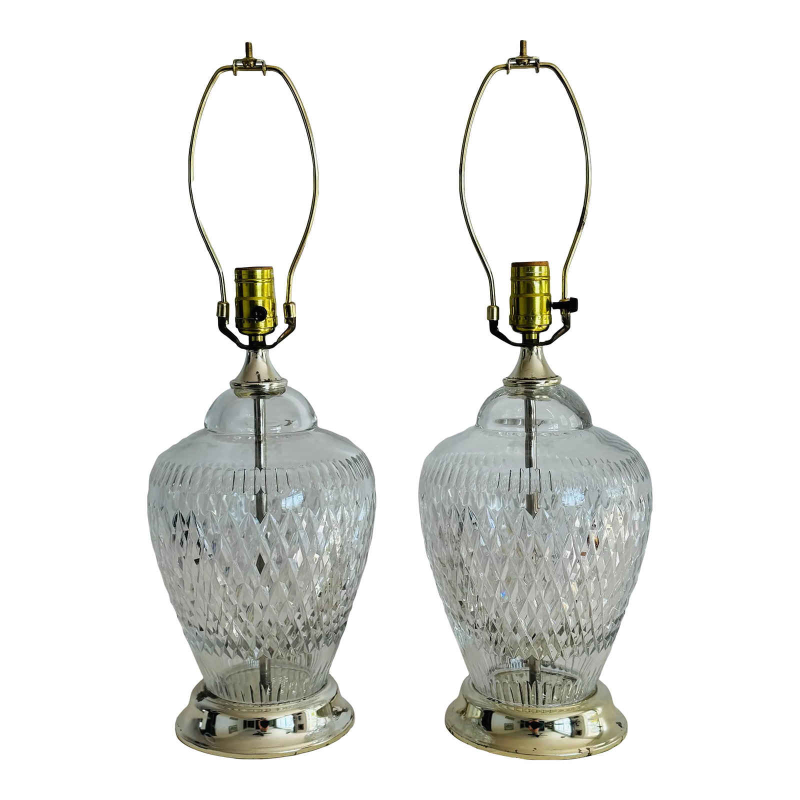 Vintage 1970s Diamond Pattern Lead Crystal Table Lamps, a Pair: Vintage 1970s Diamond Pattern Lead Crystal Table Lamps, a Pair. This pair of crystal lamps has a cut diamond pattern all over. The lamps are heavy and sturdy. Wired for the US and in working