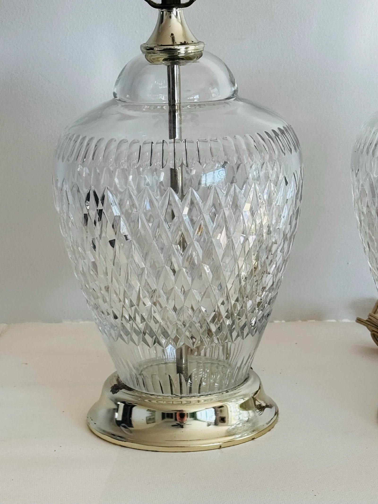 Vintage 1970s Diamond Pattern Lead Crystal Table Lamps, a Pair - 3