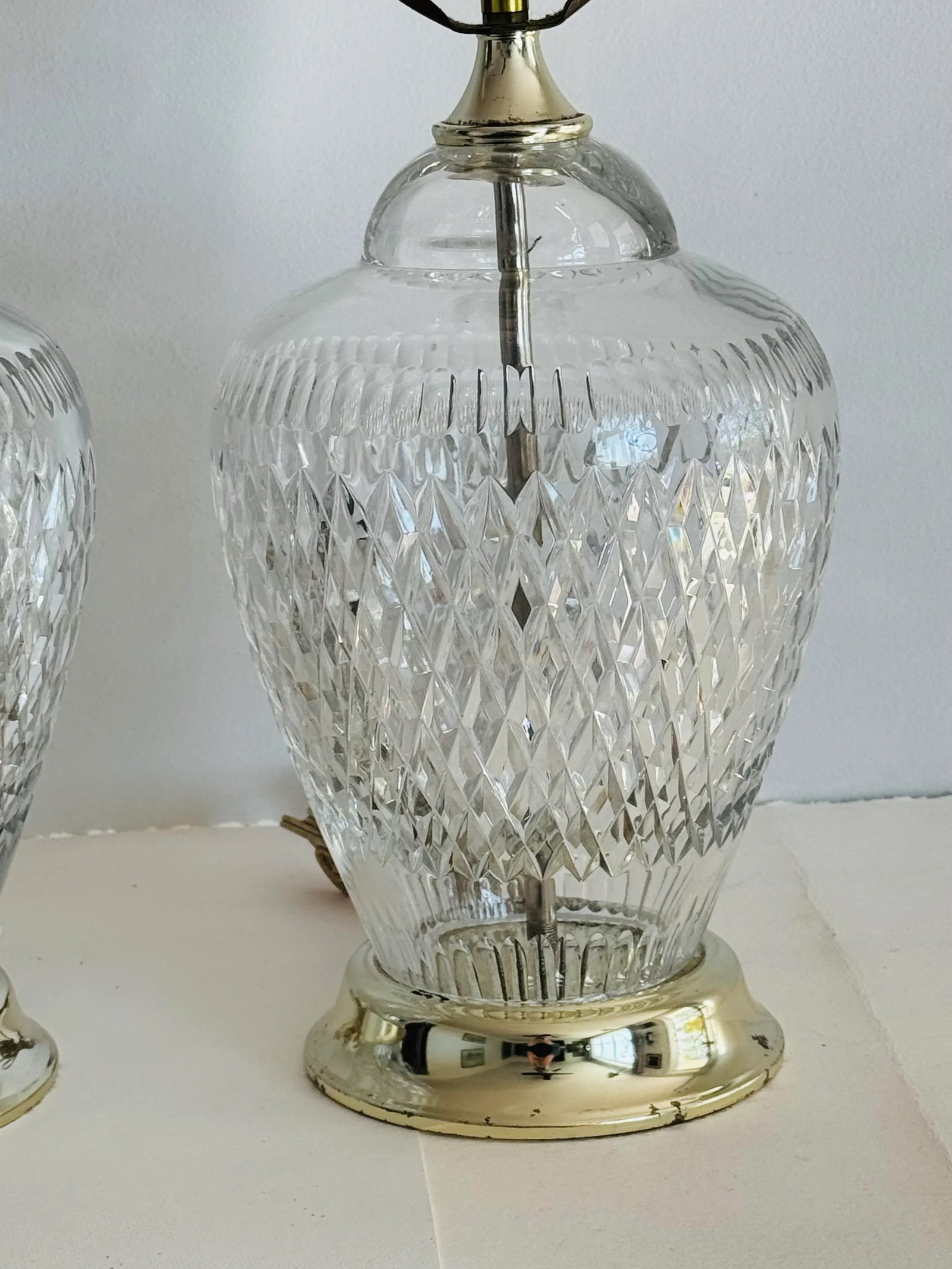 Vintage 1970s Diamond Pattern Lead Crystal Table Lamps, a Pair - 4