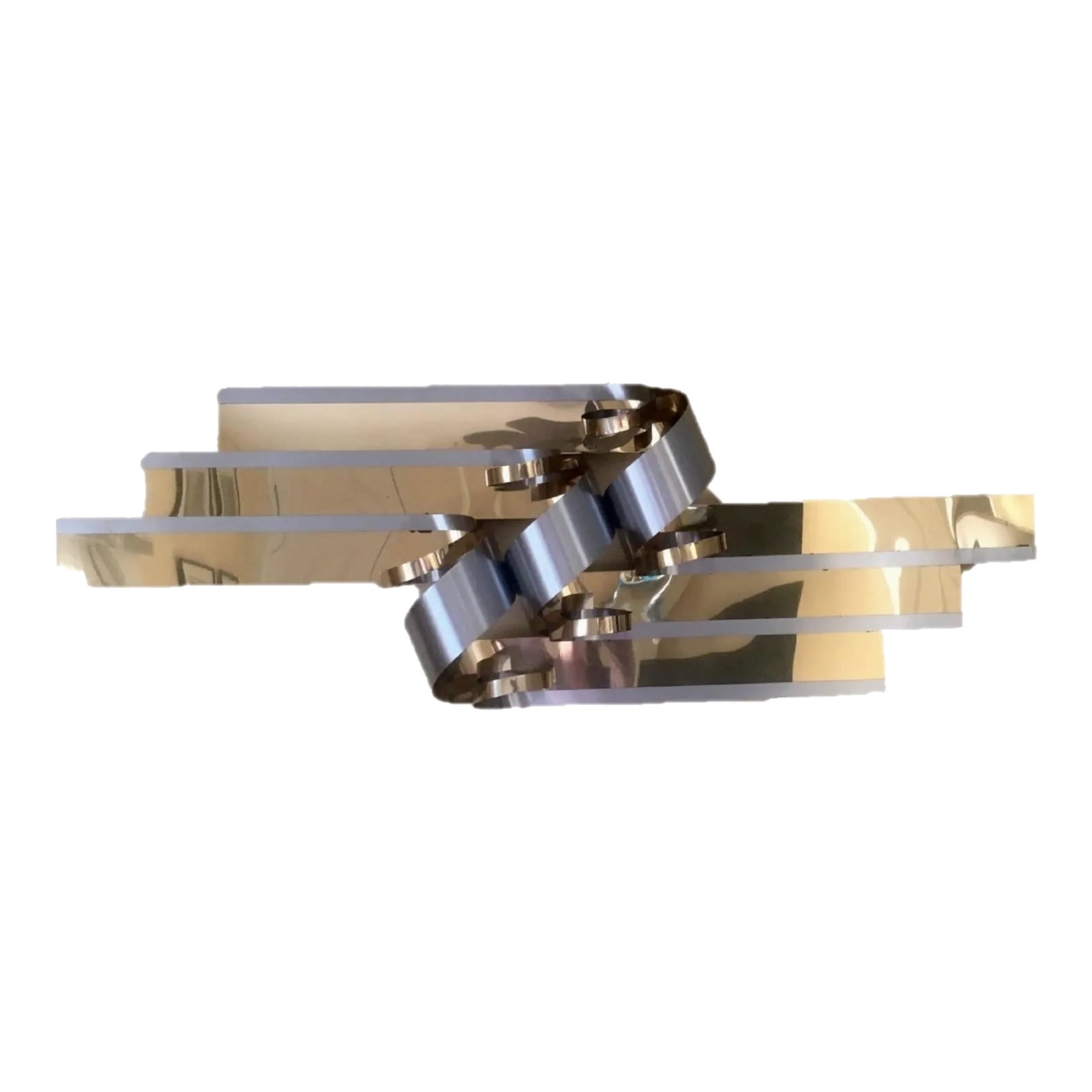 1989 Curtis Jere Brass & Chrome Flash Ribbon Wall Sculpture: Large, wide wall sculpture by C Jere has long strips of brass and chrome twisted in the center. Condition: Alterations: Original Condition Unaltered Imperfections: Some Imperfections Condition Notes: 