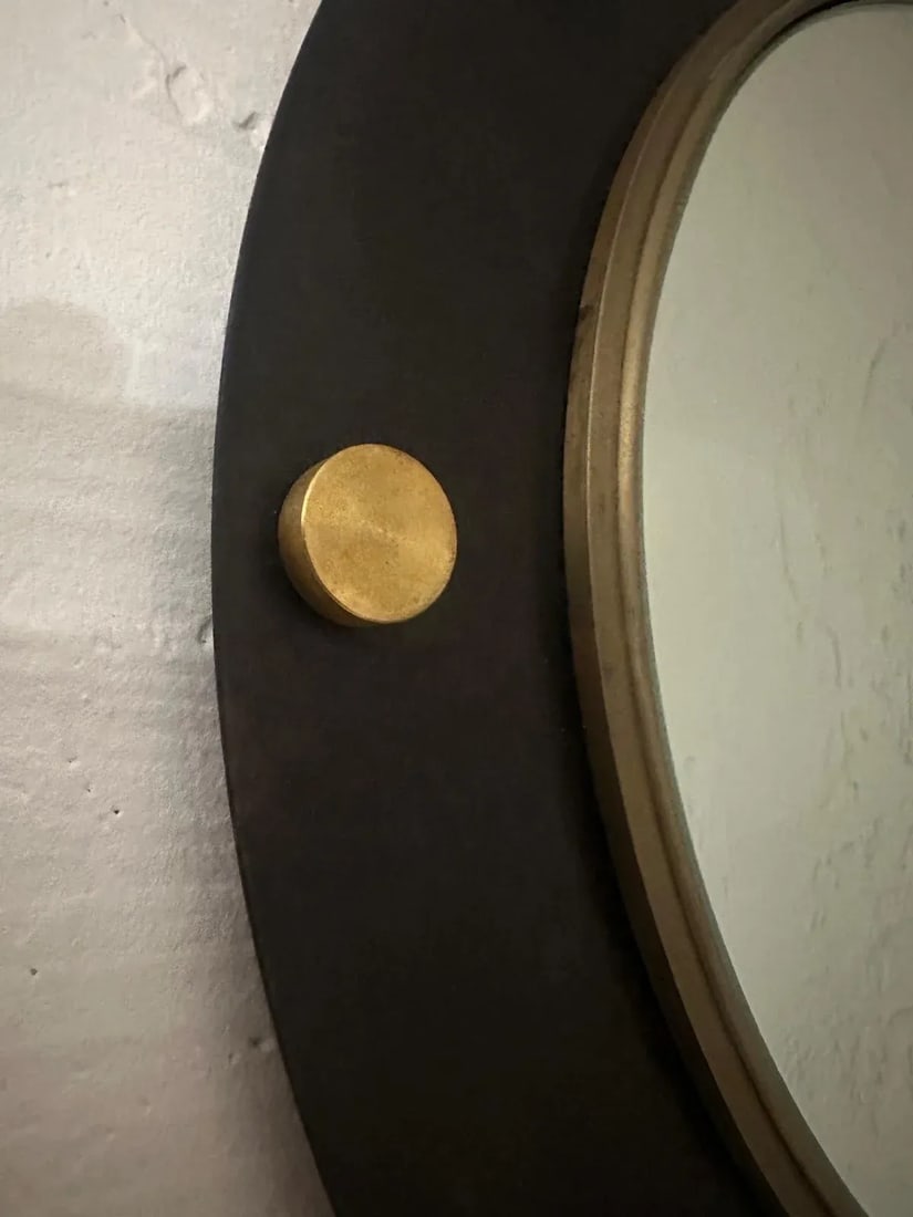 1990s Round Mirror With Black Matte Iron Frame With Brass Border and Round Brass Elements - 11