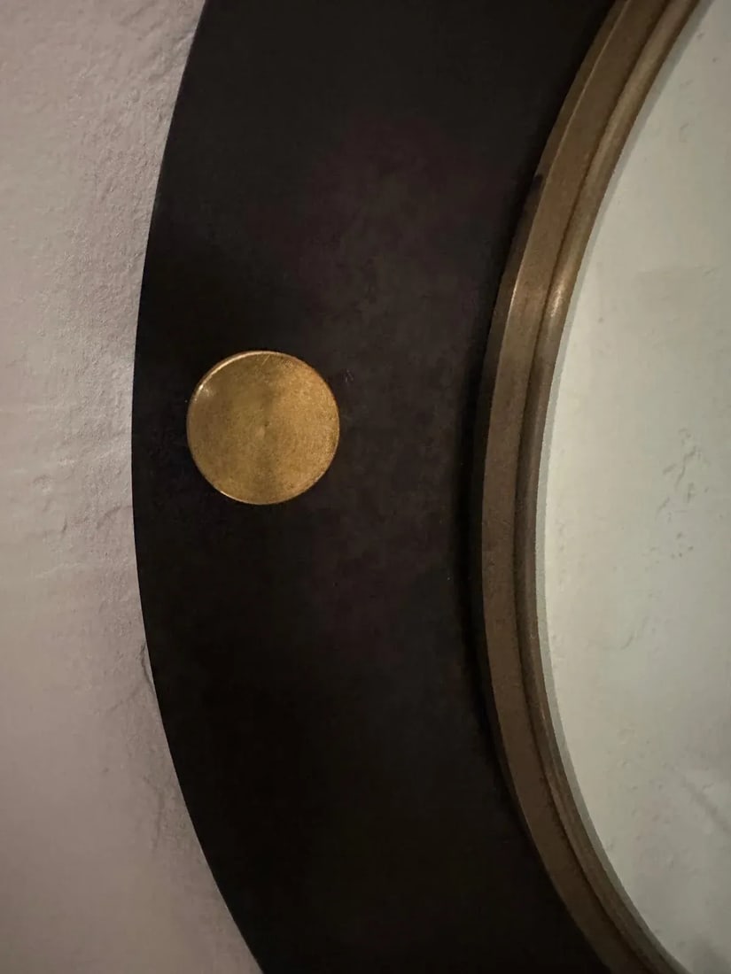 1990s Round Mirror With Black Matte Iron Frame With Brass Border and Round Brass Elements - 12