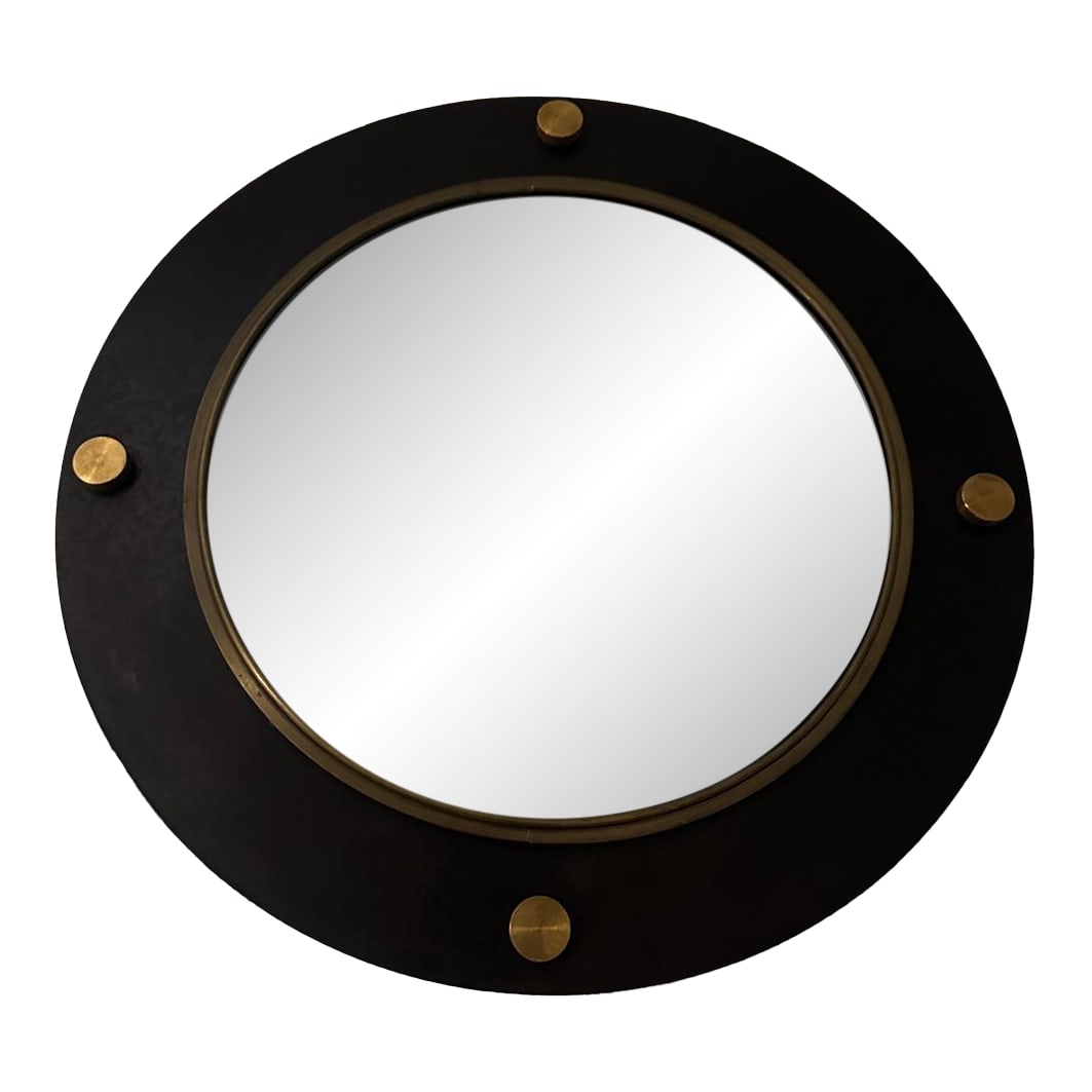1990s Round Mirror With Black Matte Iron Frame With Brass Border and Round Brass Elements (1 of 12)
