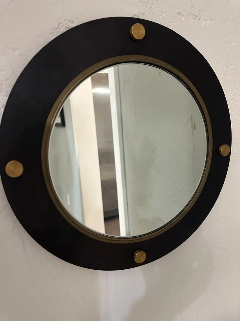 1990s Round Mirror With Black Matte Iron Frame With Brass Border and Round Brass Elements - 2