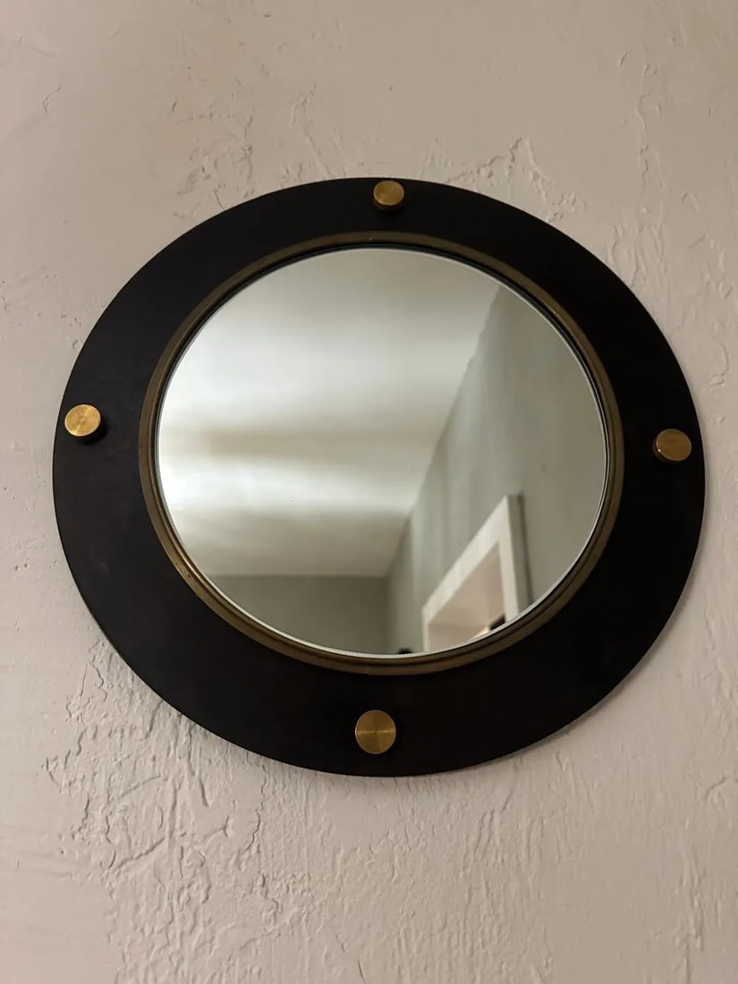 1990s Round Mirror With Black Matte Iron Frame With Brass Border and Round Brass Elements - 3