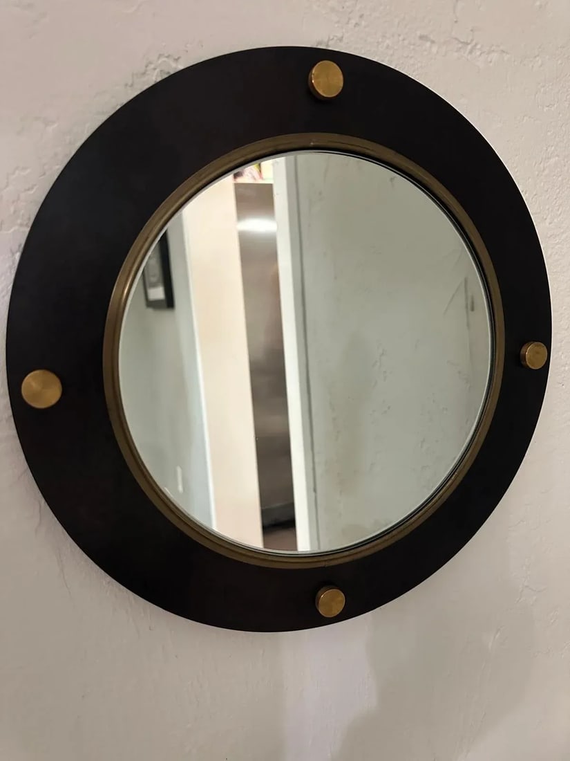 1990s Round Mirror With Black Matte Iron Frame With Brass Border and Round Brass Elements - 4