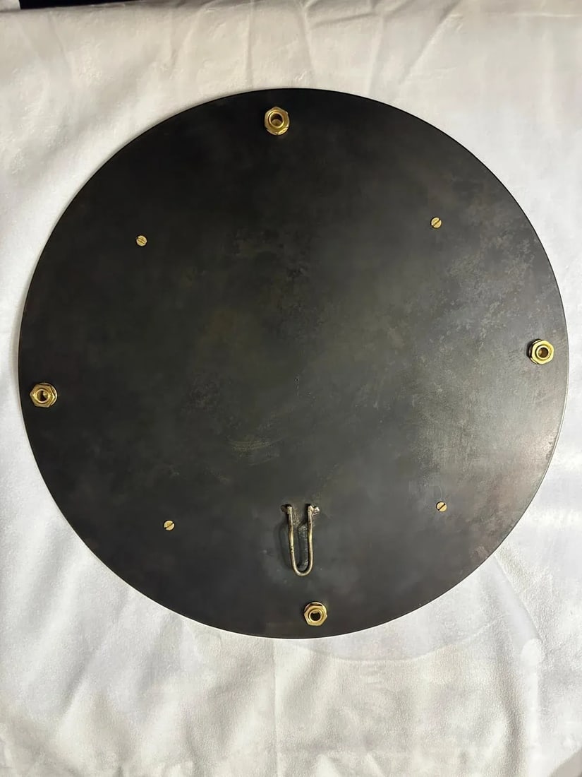1990s Round Mirror With Black Matte Iron Frame With Brass Border and Round Brass Elements - 5