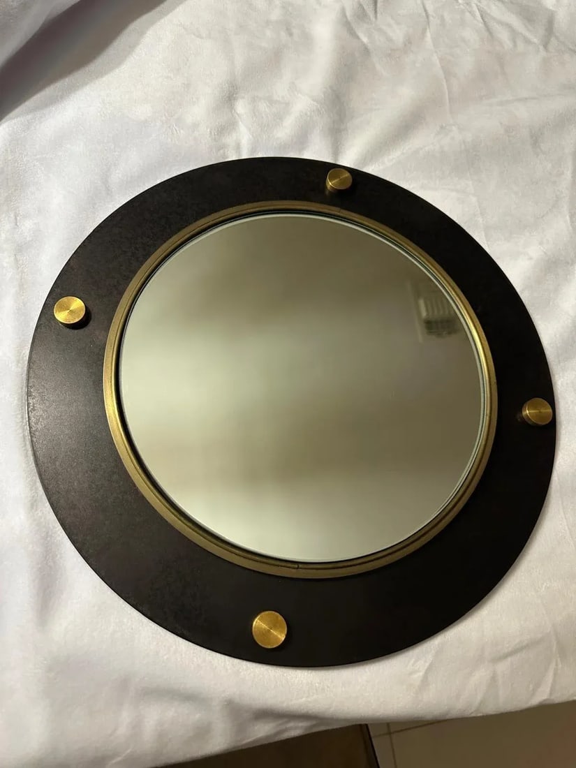 1990s Round Mirror With Black Matte Iron Frame With Brass Border and Round Brass Elements - 6