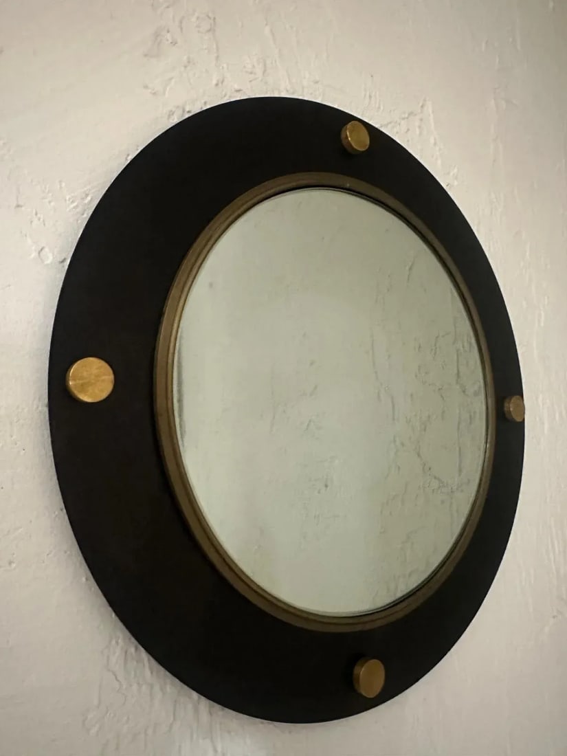 1990s Round Mirror With Black Matte Iron Frame With Brass Border and Round Brass Elements - 7