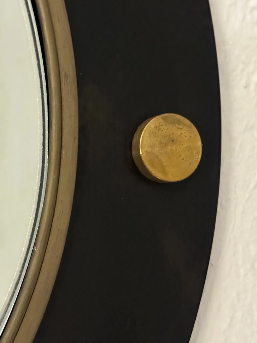 1990s Round Mirror With Black Matte Iron Frame With Brass Border and Round Brass Elements - 8