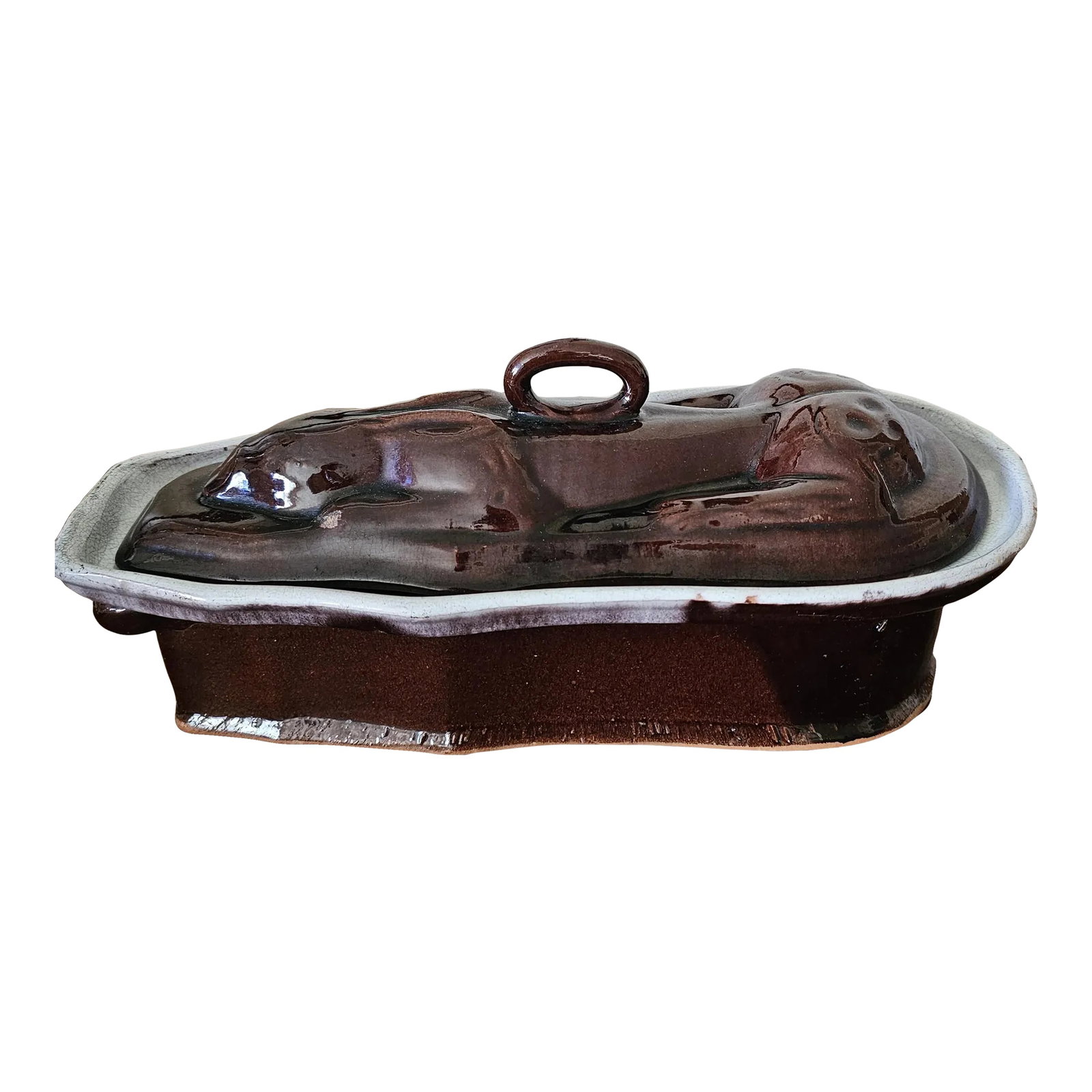 19th Century Terracotta French Rabbit Tureen: Add a touch of history and elegance to your kitchen with this stunning 19th century terracotta antique French soup tureen. The shiney dark brown glaze is a eye catcher wherever it is placed in the