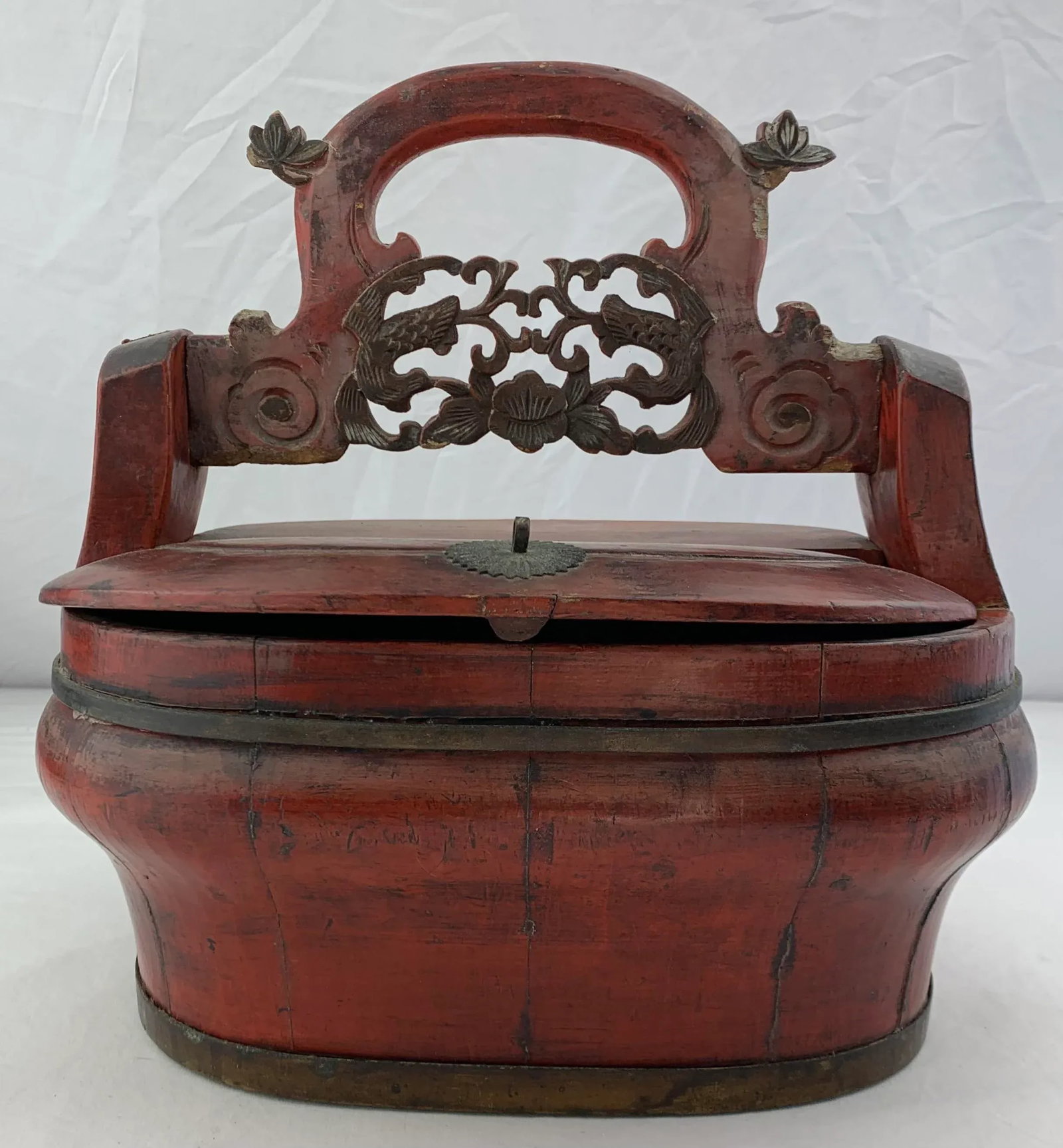 Antique Chinese Red Lacquered Wedding Bride Box - 6