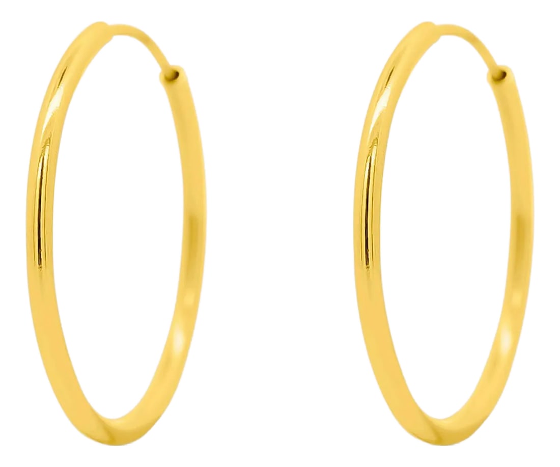 25mm 14k Solid Gold Thin Hoop Earrings on Hidden Wire Closure - 2 Pieces: 25mm Classic 14K Solid Yellow Gold Thin Hoop Earrings on Hidden Wire Closure. Available in sizes 20.5mm and 25mm. Details: Item Type: Thin Hoop Earring Metal: 14K Yellow Gold Size: 25mm diameter