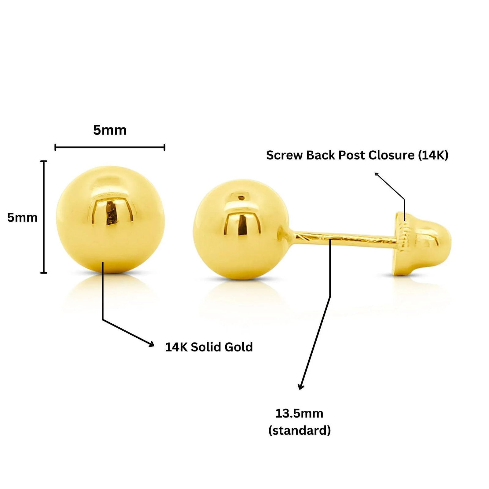 5mm Classic 14k Yellow Gold Ball Stud Earrings in Screw Backs - 2 Pieces - 9
