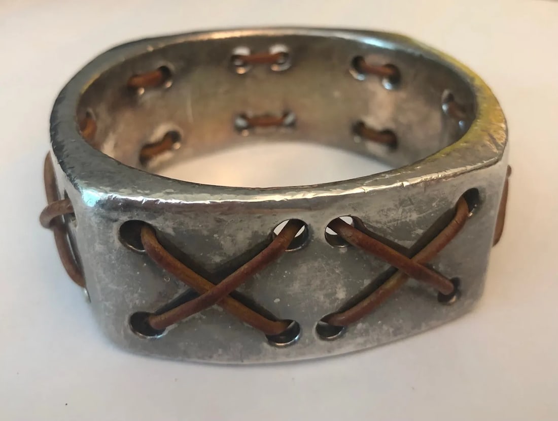 Vintage Santa Fe Leather and Silver Bangle - 6