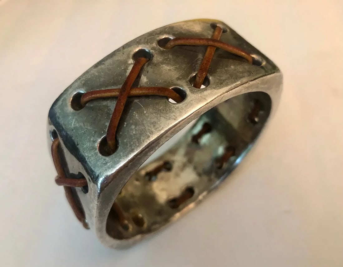 Vintage Santa Fe Leather and Silver Bangle - 8