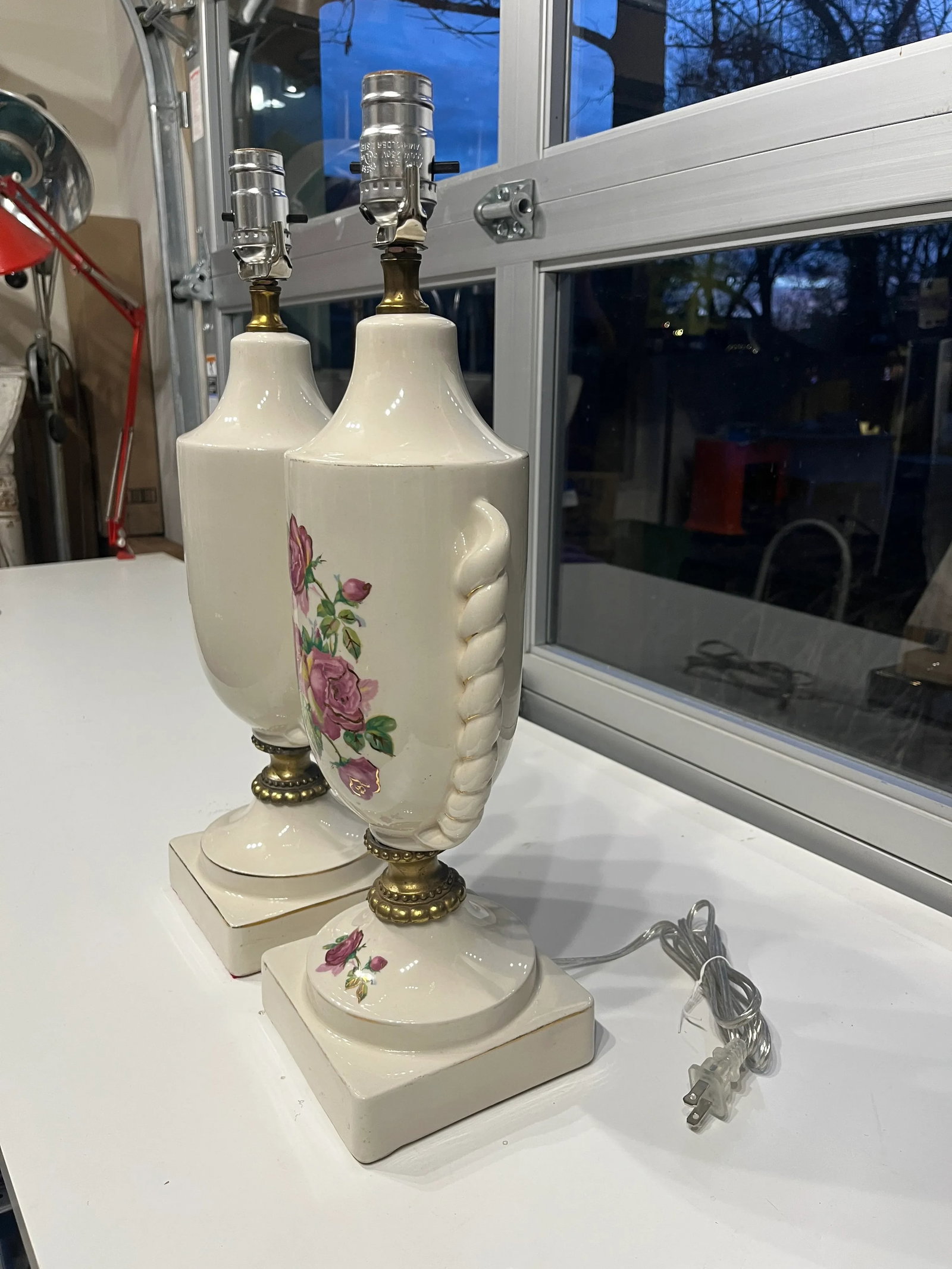 Pair Midcentury Urn Brass and Ceramic Table Lamps - 4