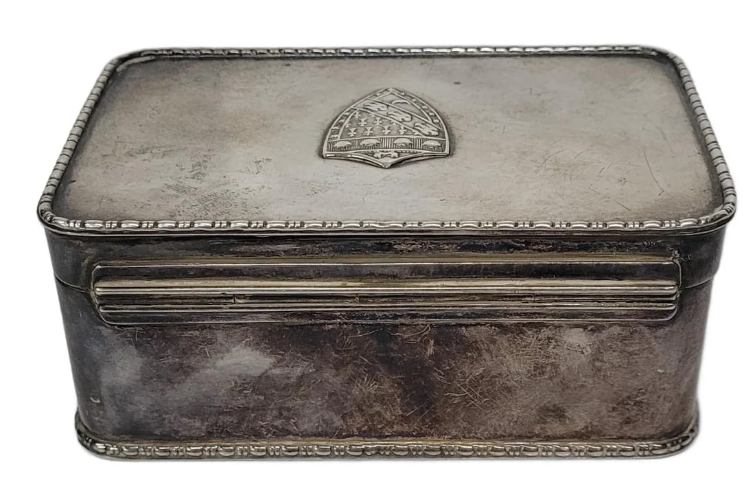 1930s Vintage Snuff Tobacco Stash Bernard Rice Son Brs Silver Plated Box Marked With Coat of Armor F - 3