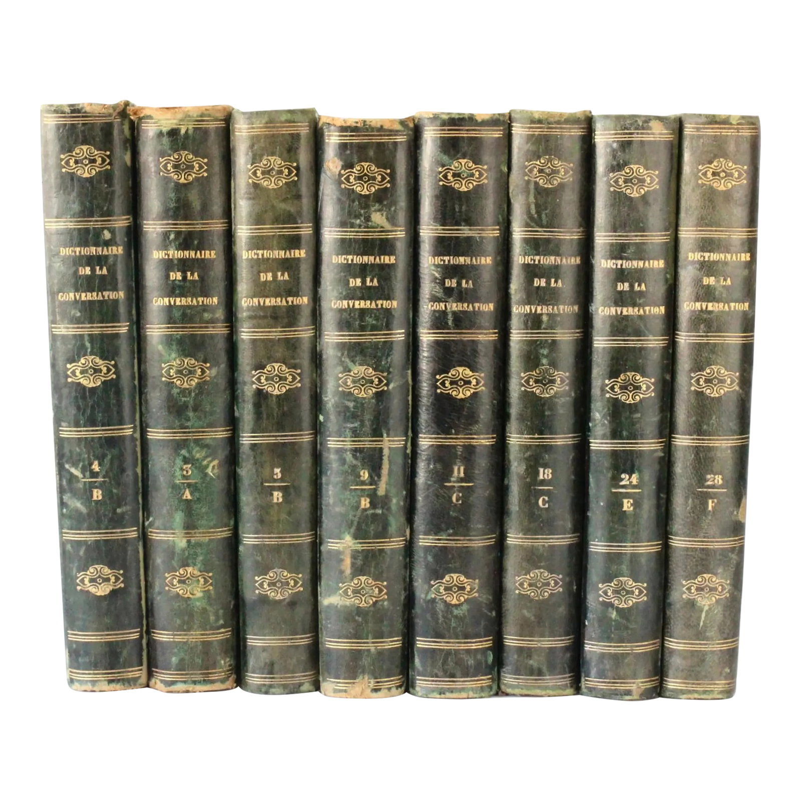1833 French "Dictionnaire De La Conversation Et De La Lecture" Books, Set of 8: This impressive set of "Dictionnaire de la Conversation et de la Lecture" (Dictionary of Conversation and Reading) was published in 1833 by Belin-Mandar in Paris. Bound in rich leather with gilt