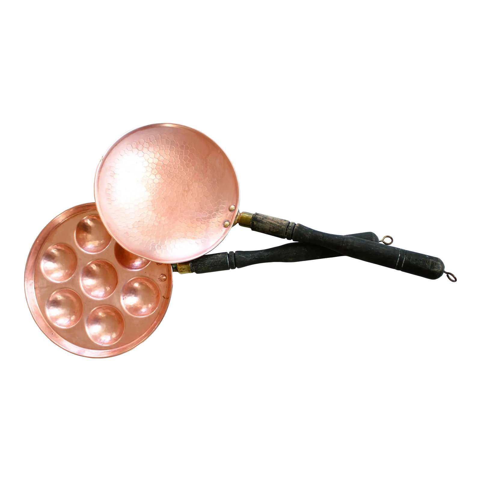 Antique French Handmade Copper Chef's Utensils S/2: Ext. Lrg antique French copper chef's egg poacher and skimmer spoon. We love the rustic hand carved wooden handle's. Found in France countryside. Do you love copper? Check out our kitchen display wall
