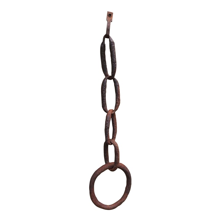Antique Rusty Forge Iron Mooring Chain Garden Wall Decor: Antique forge iron rusty distressed mooring chain, circa the end of 19th century. Very heavy. 31.5" long. The largest ring is 7.5" in diameter. The chain stains the hands. Use gloves to handle. For
