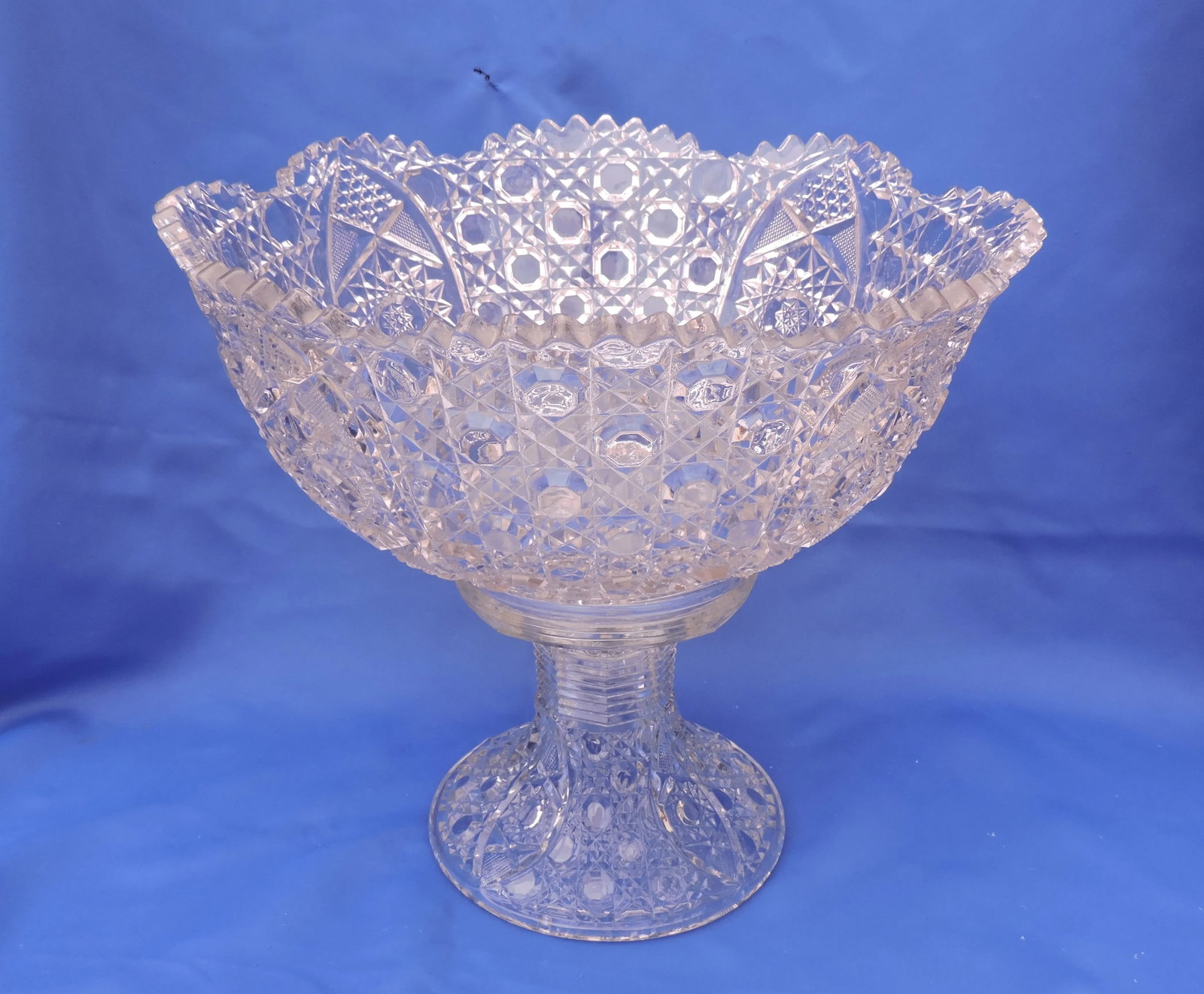 Circa 1894 McKee Glass Co. Eapg Punch Bowl With Stand Pressed Cut in Rotec Pattern - 2