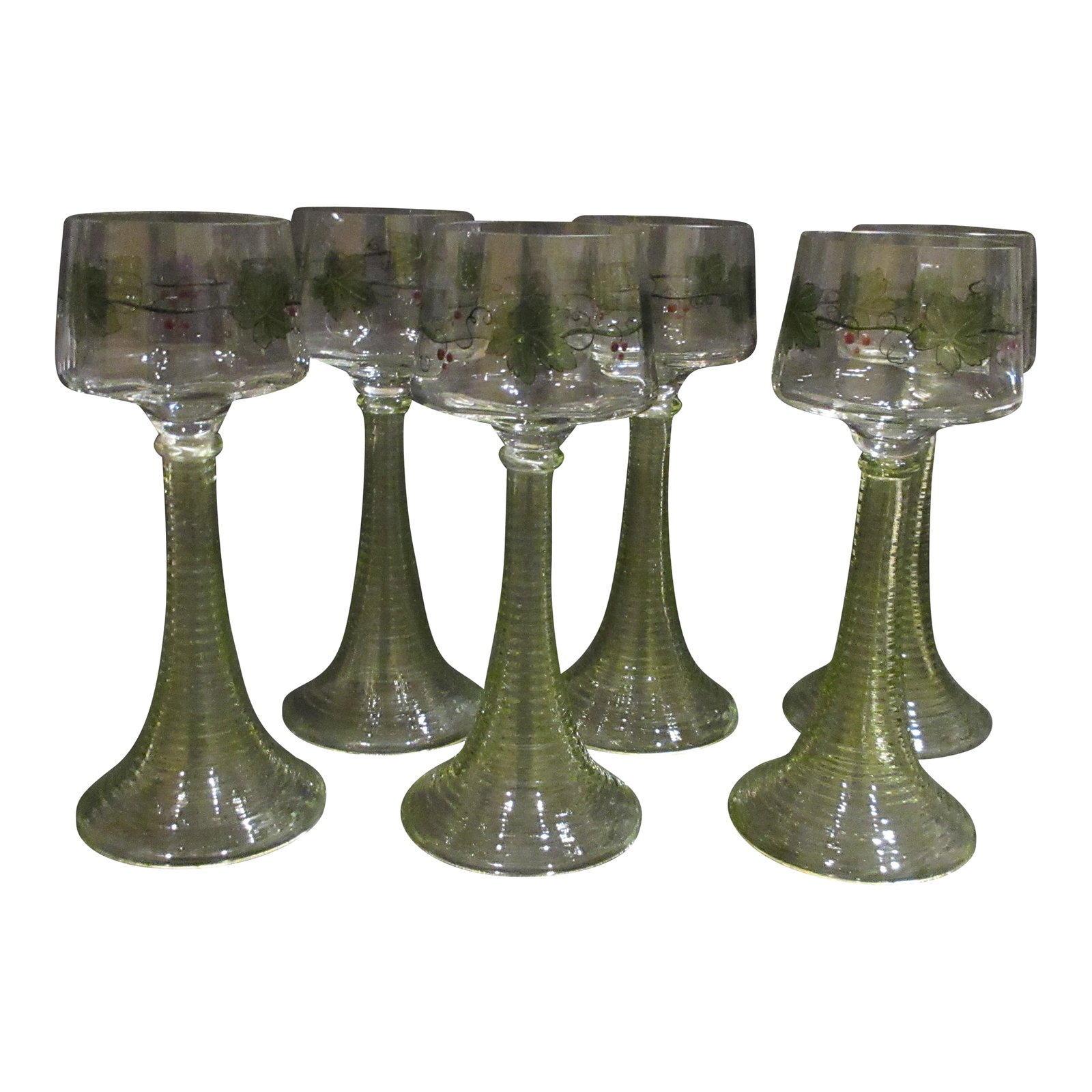 Antique Theresienthal Set of 6 Hand Enameled Roemer / Hock Wine Glasses With Uranium Glass Stems - H: This is an AMAZING ANTIQUE set of 6 hand painted enamel hock white wine glasses from Roemer in Theresienthal, Germany. These glasses were hand made in the early 1900s and have light green uranium