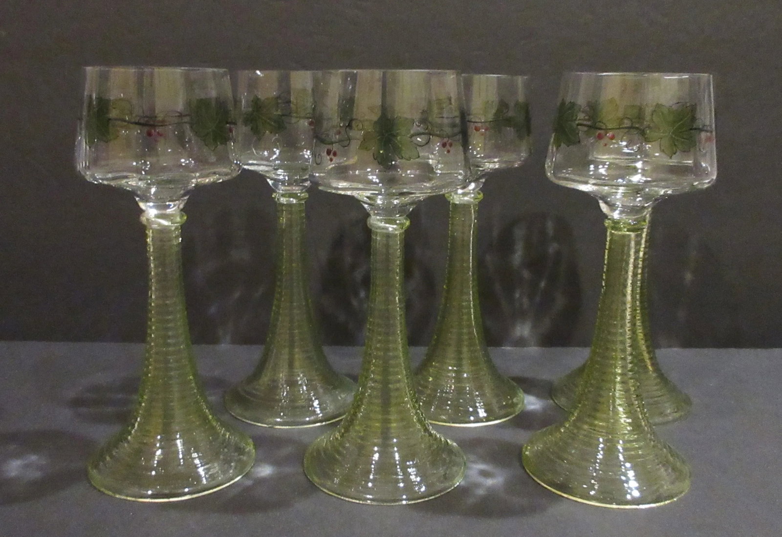 Antique Theresienthal Set of 6 Hand Enameled Roemer / Hock Wine Glasses With Uranium Glass Stems - H - 2