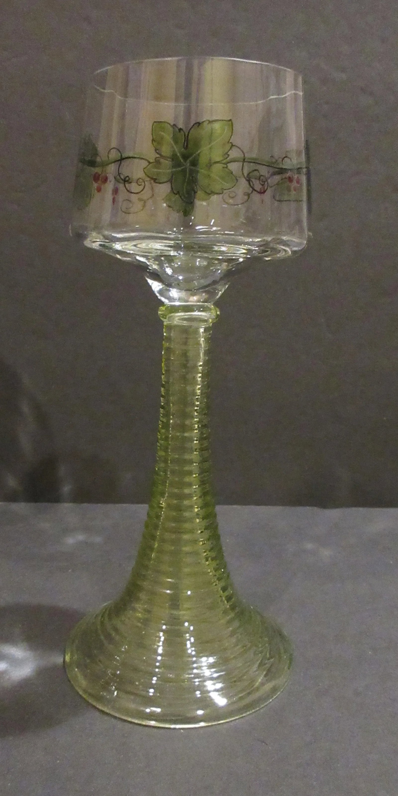 Antique Theresienthal Set of 6 Hand Enameled Roemer / Hock Wine Glasses With Uranium Glass Stems - H - 3