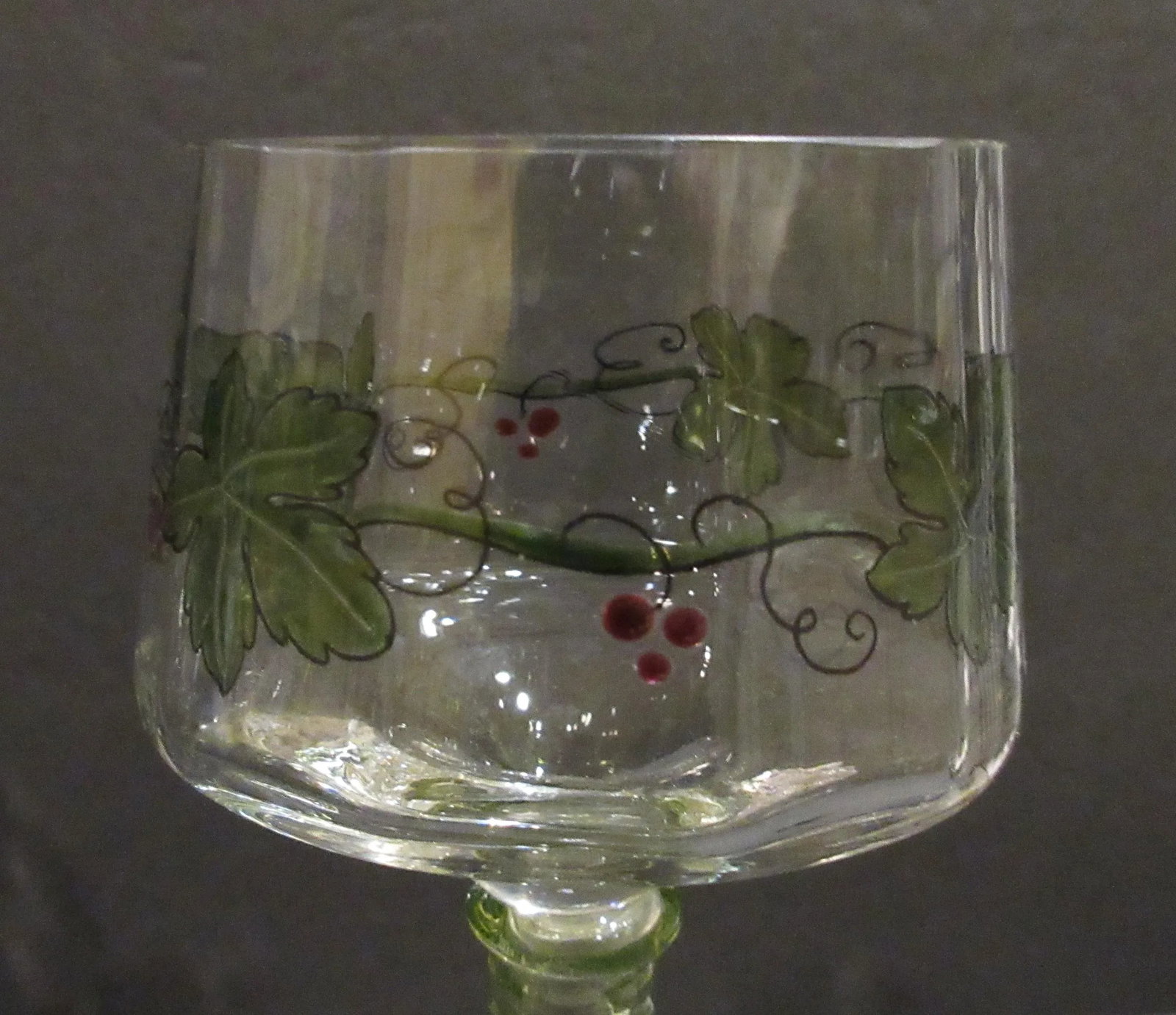 Antique Theresienthal Set of 6 Hand Enameled Roemer / Hock Wine Glasses With Uranium Glass Stems - H - 4