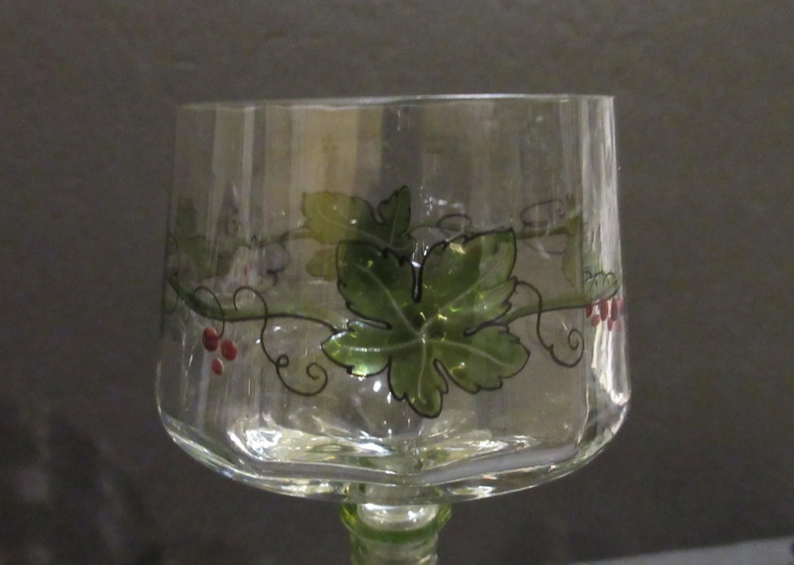 Antique Theresienthal Set of 6 Hand Enameled Roemer / Hock Wine Glasses With Uranium Glass Stems - H - 5
