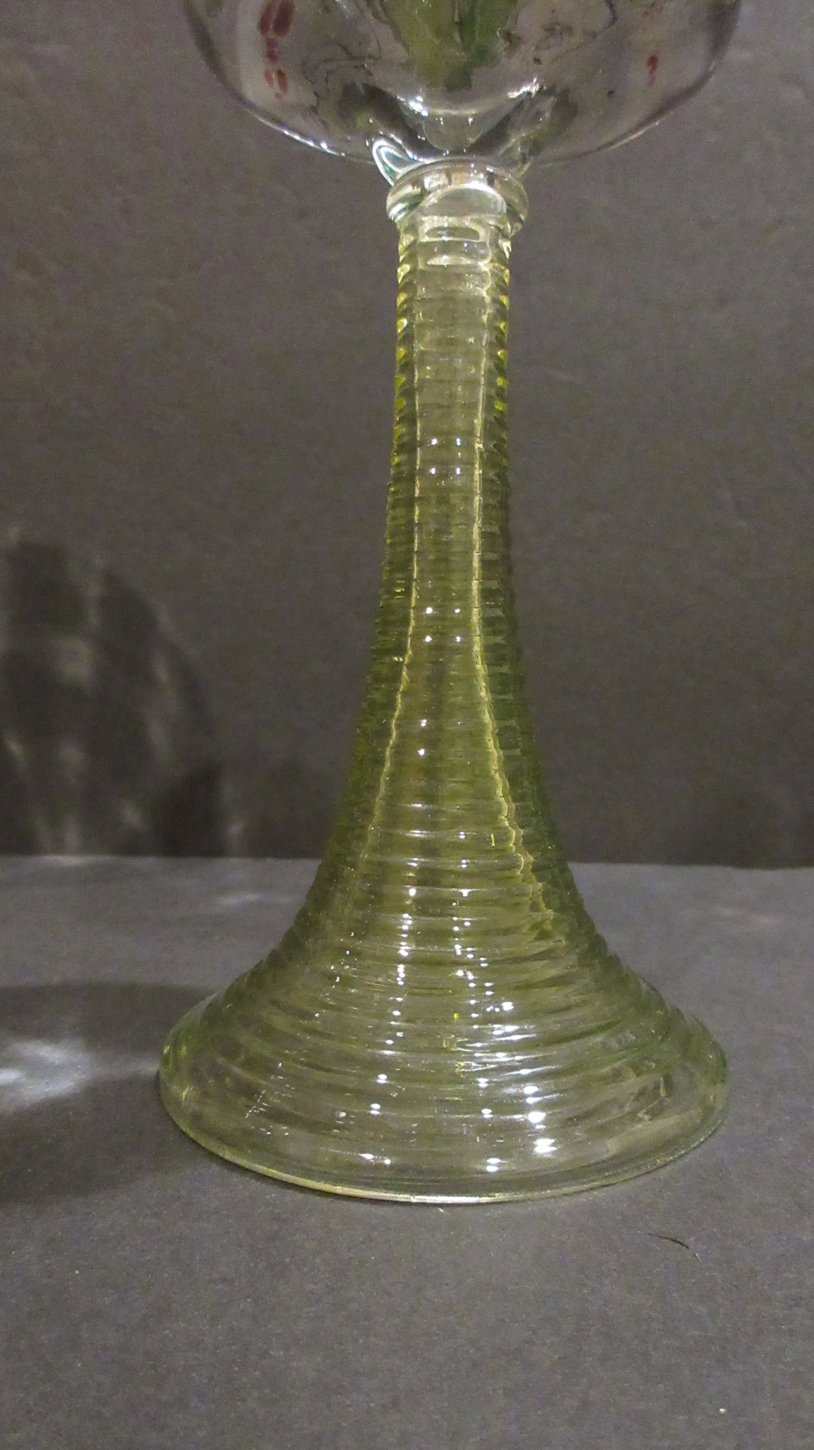 Antique Theresienthal Set of 6 Hand Enameled Roemer / Hock Wine Glasses With Uranium Glass Stems - H - 6
