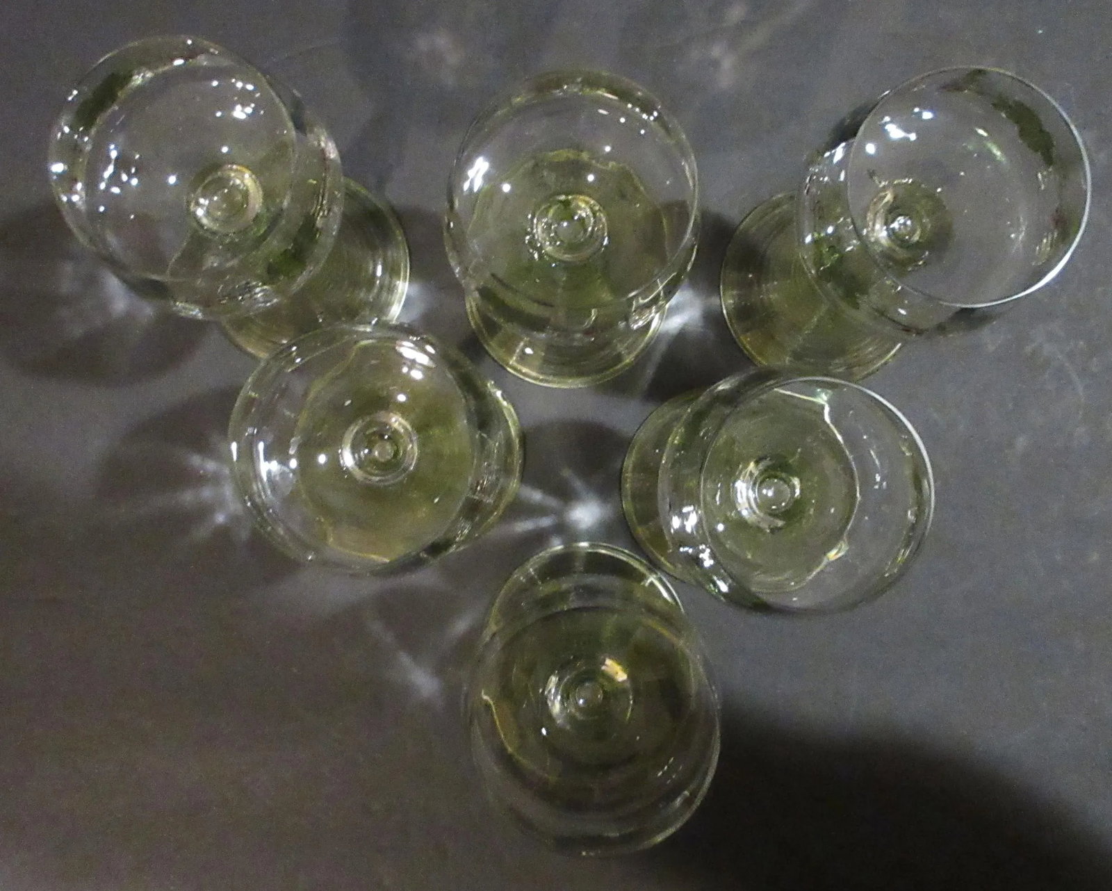 Antique Theresienthal Set of 6 Hand Enameled Roemer / Hock Wine Glasses With Uranium Glass Stems - H - 7