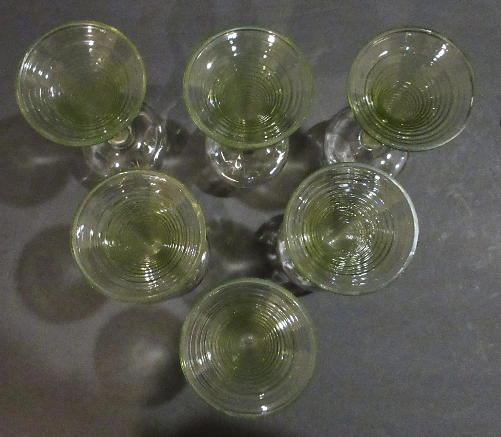 Antique Theresienthal Set of 6 Hand Enameled Roemer / Hock Wine Glasses With Uranium Glass Stems - H - 8