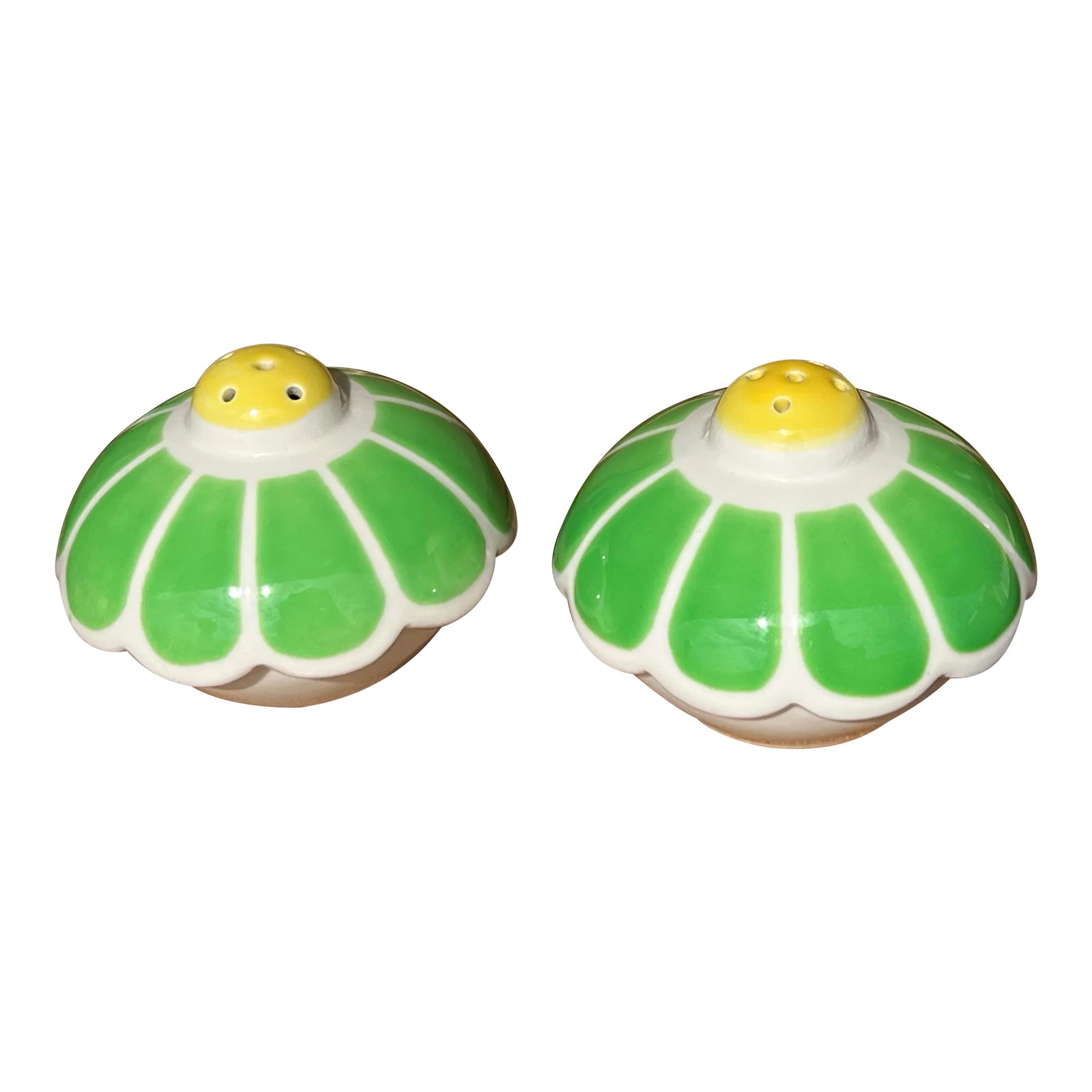 1940s Vintage Porcelain Salt & Pepper Shakers- a Pair: Beautiful pair of ceramic shakers. Green white and yellow flower with white base. Makers mark on bottom ,Made in Italy. Condition: Alterations: Original Condition Unaltered Imperfections: Some