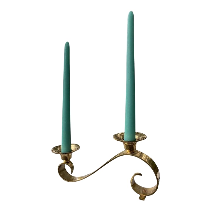 Midcentury Modern Sculptural Brass Candle Holder (Candles Included): 13.63"H with candles, as shown. Gorgeous, sculptural 2-candle holder with teal included candles. We love the soft, curving form of this unique piece. It looks beautiful from every direction and orient