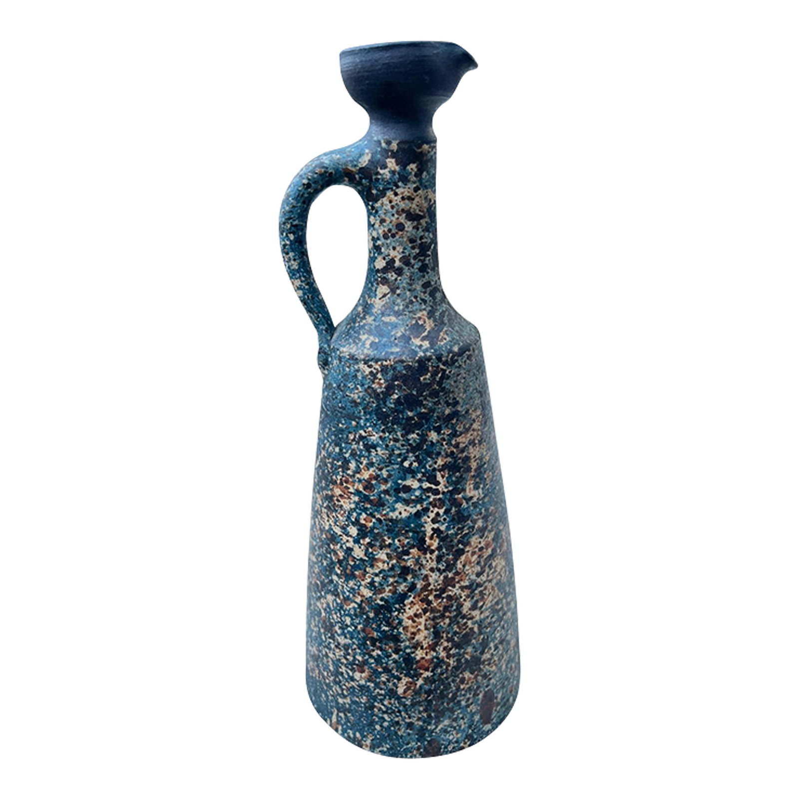 West German Brutalist Carafe by Garhard Liebenthron, 1973: A wonderful example of German studio pottery by Gerhard Liebenthron. Excellent condition, signed, dated and with original label on base.Black, blue, brown and tan patinated finish, greyish glazed inte