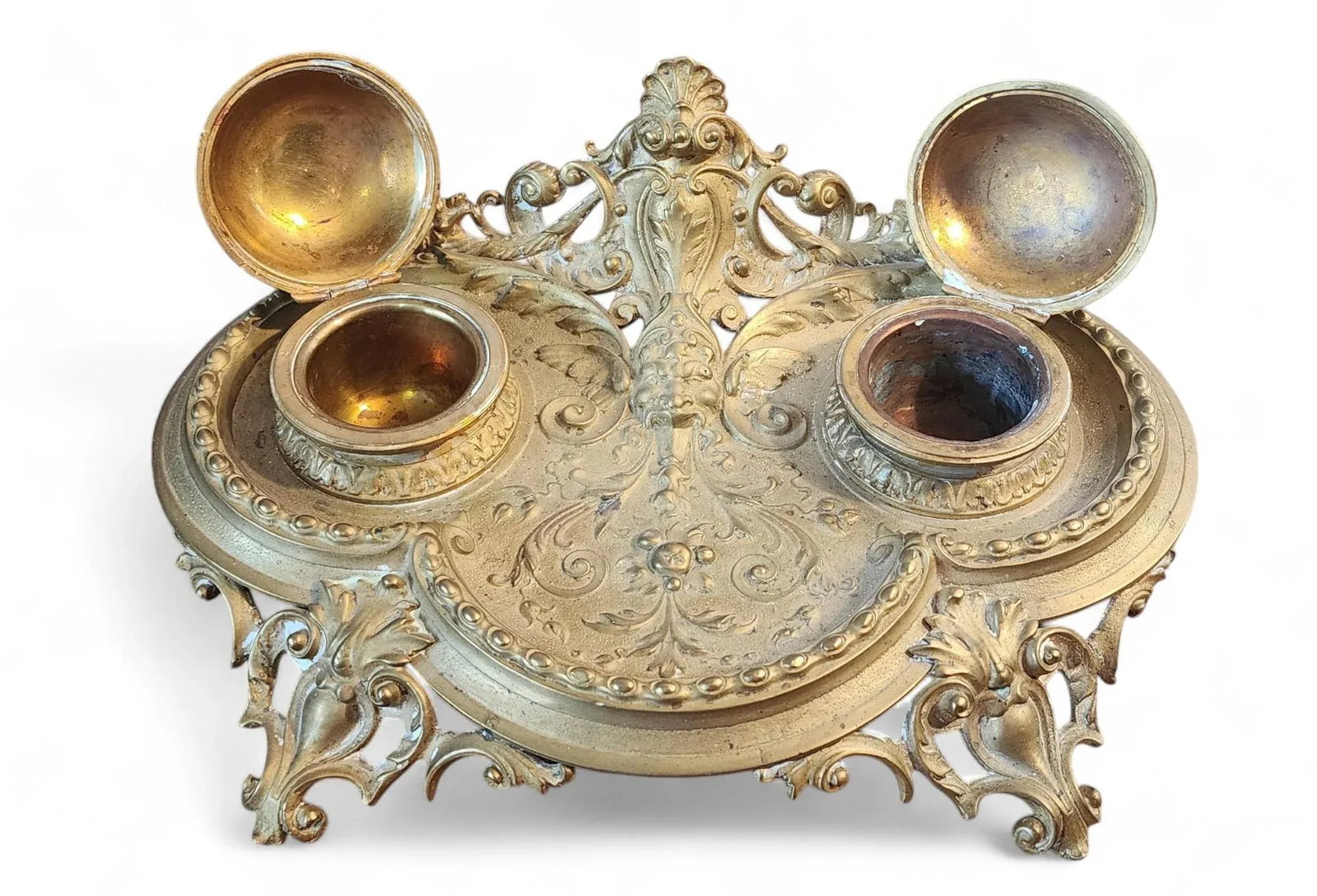 Antique Decorative Brass Victorian Desktop Double Inkwell, C1900 - 10