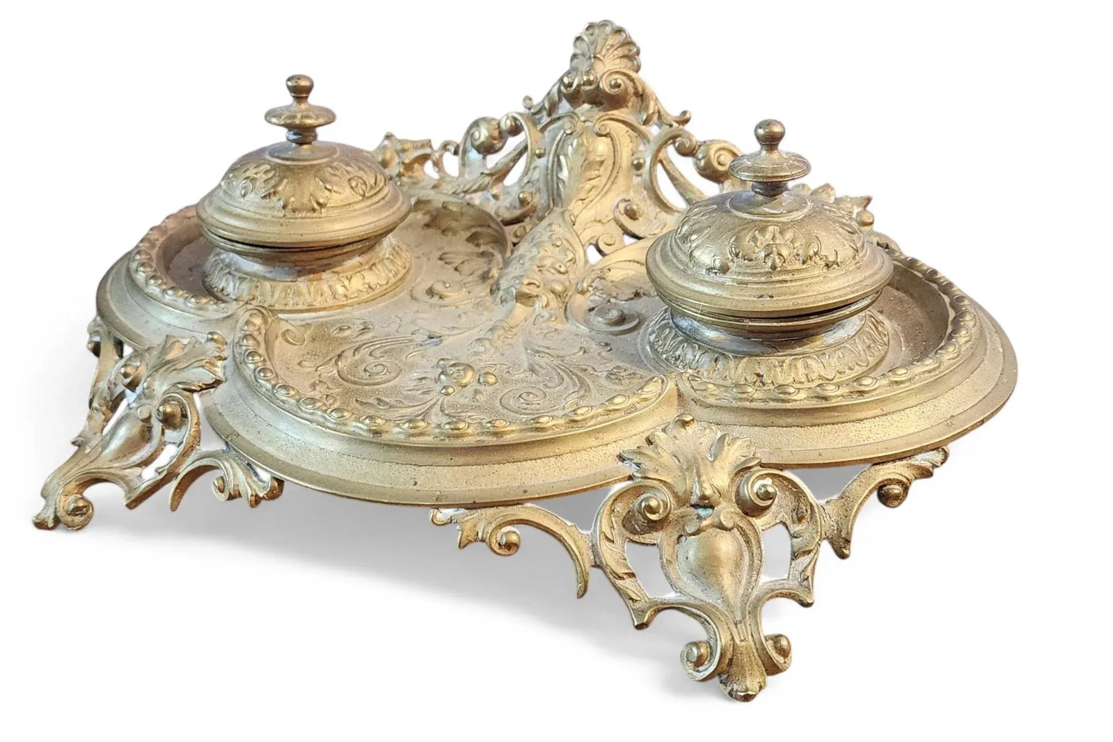 Antique Decorative Brass Victorian Desktop Double Inkwell, C1900 - 2