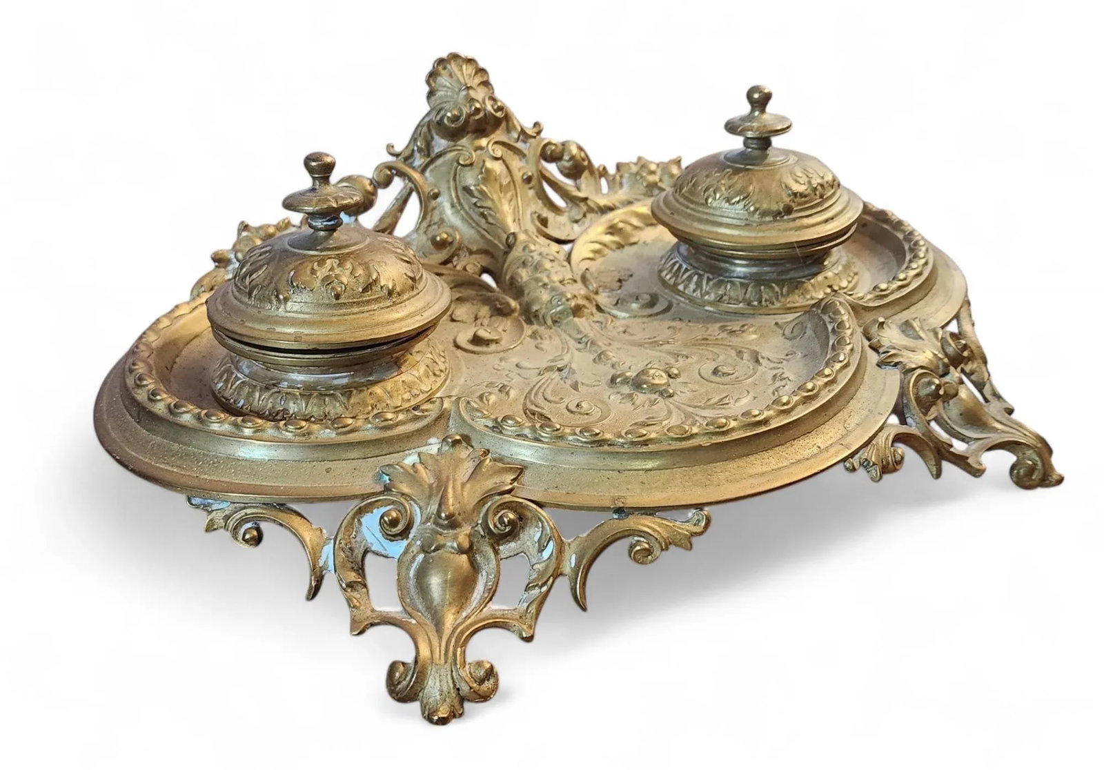 Antique Decorative Brass Victorian Desktop Double Inkwell, C1900 - 3