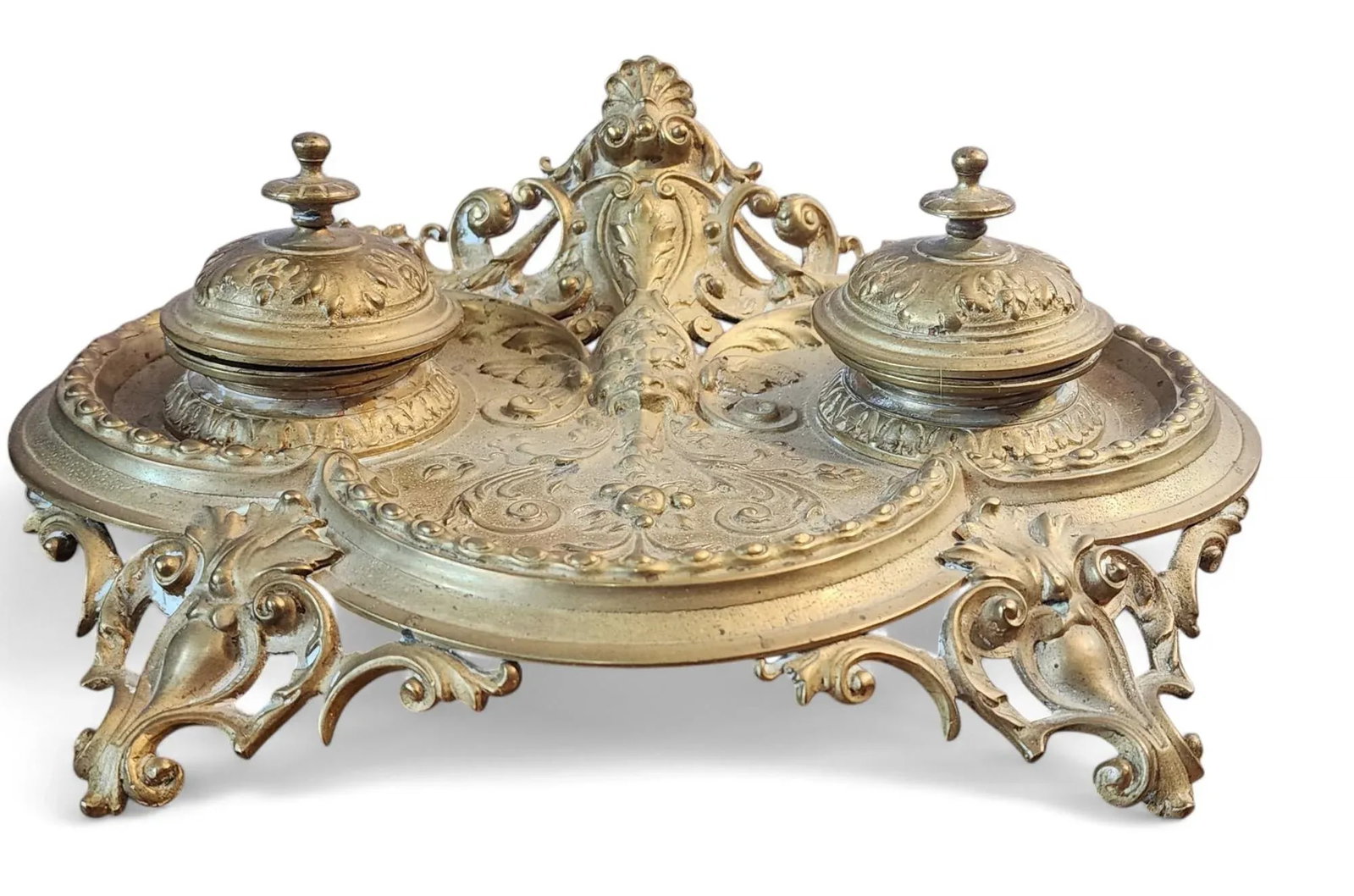 Antique Decorative Brass Victorian Desktop Double Inkwell, C1900 - 4