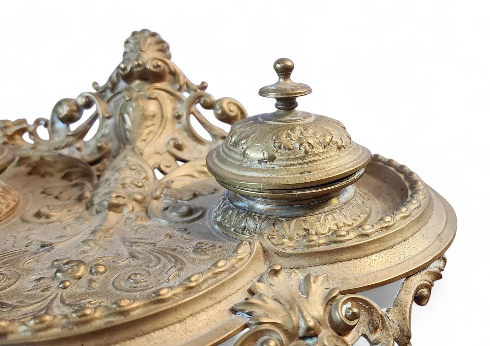 Antique Decorative Brass Victorian Desktop Double Inkwell, C1900 - 5