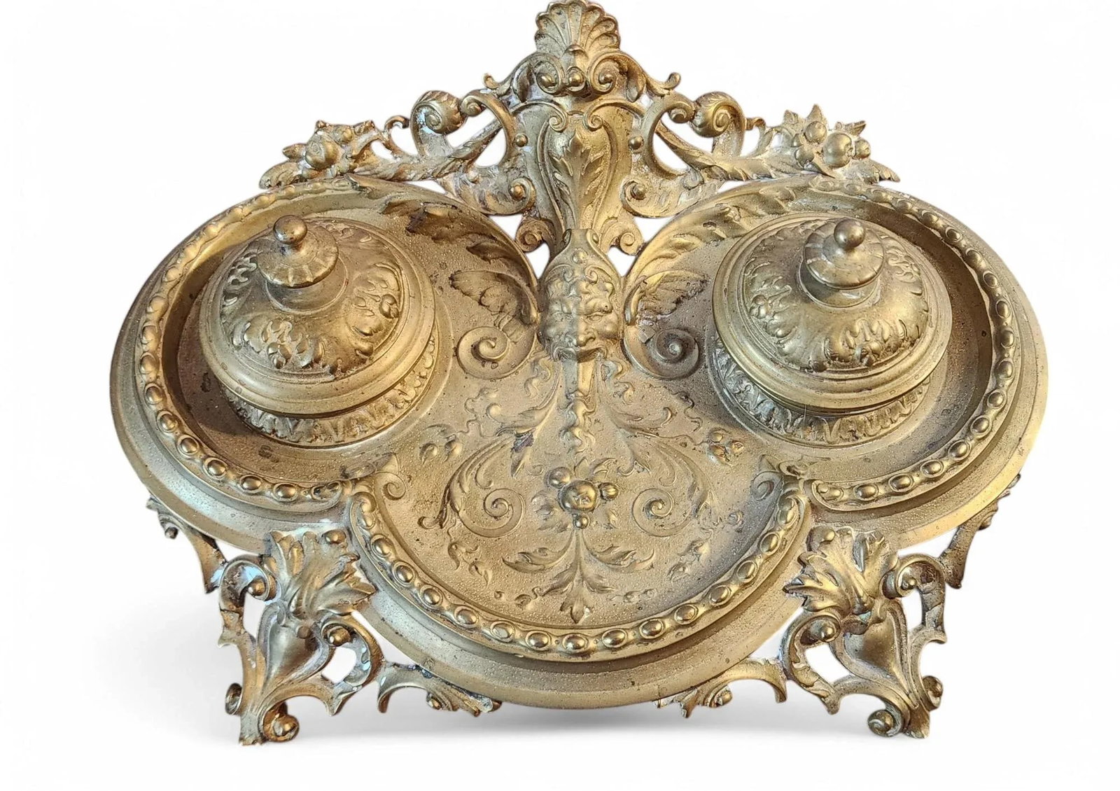 Antique Decorative Brass Victorian Desktop Double Inkwell, C1900 - 6