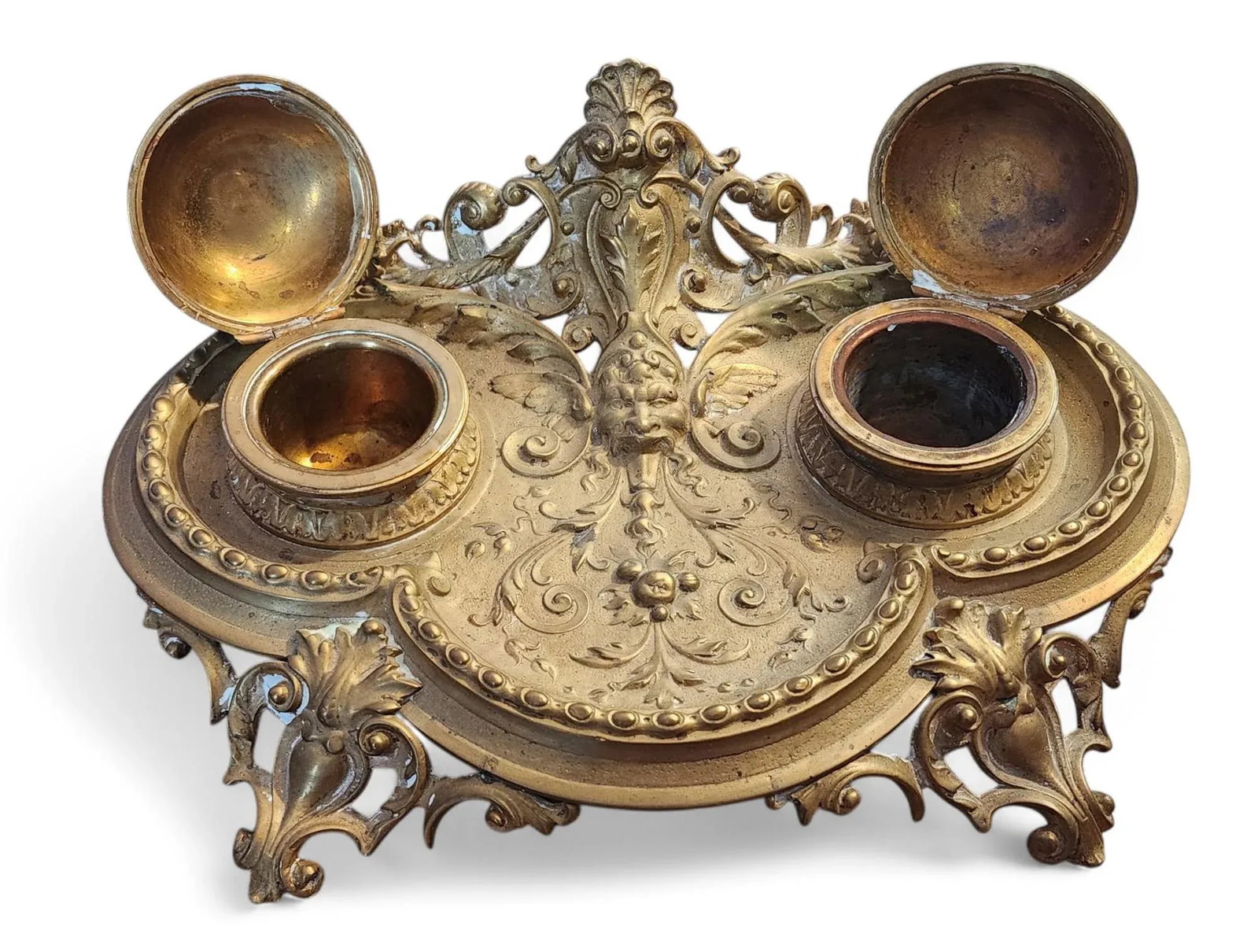 Antique Decorative Brass Victorian Desktop Double Inkwell, C1900 - 8