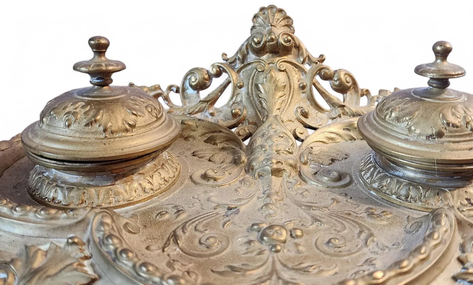 Antique Decorative Brass Victorian Desktop Double Inkwell, C1900 - 9