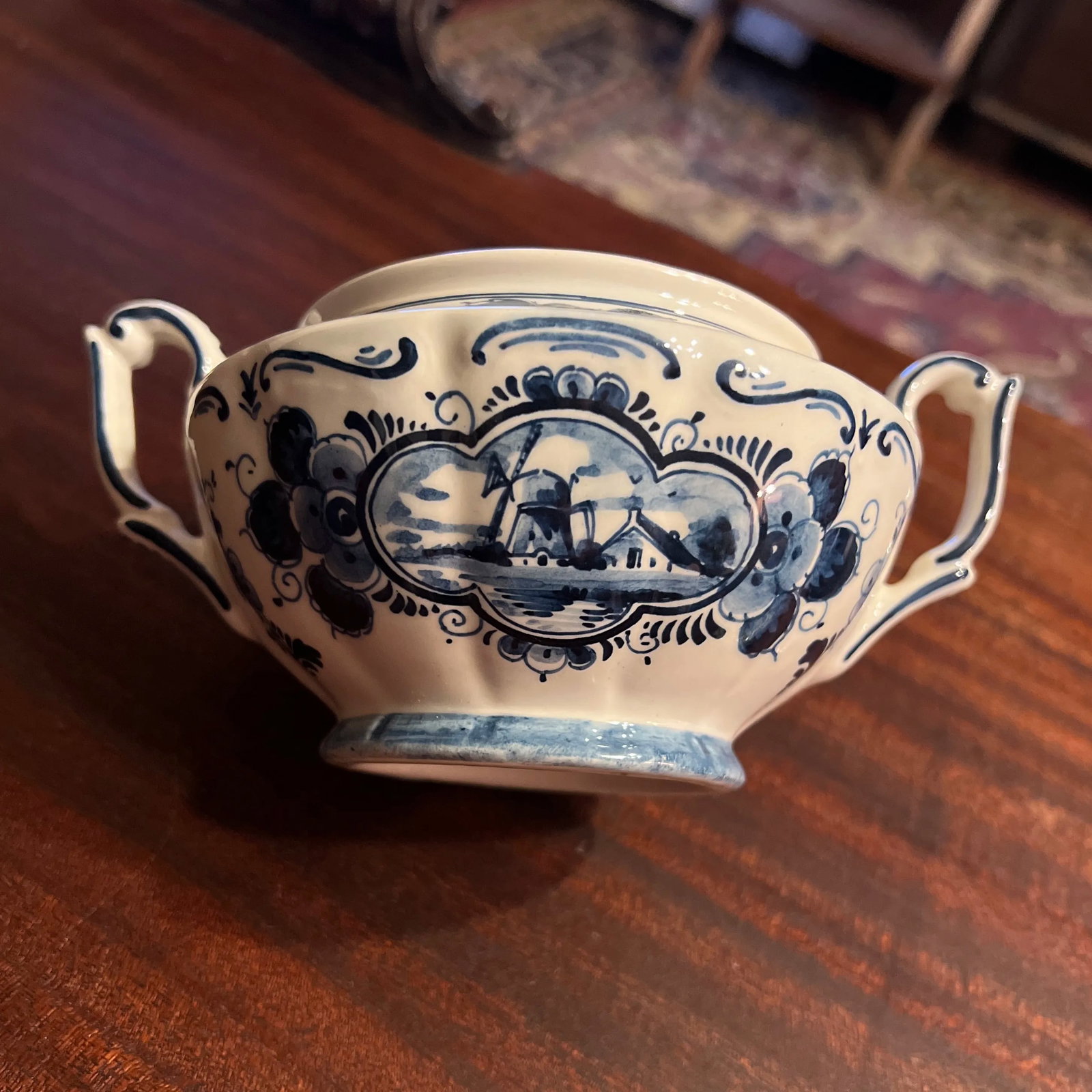 Vintage Hand Painted Delft Blue Large Covered Sugar Bowl, Signed - 10
