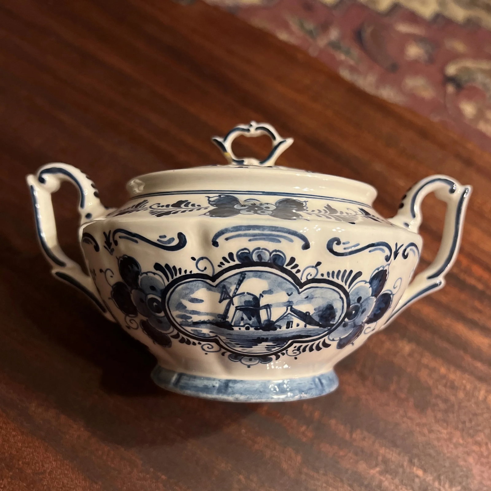 Vintage Hand Painted Delft Blue Large Covered Sugar Bowl, Signed - 11