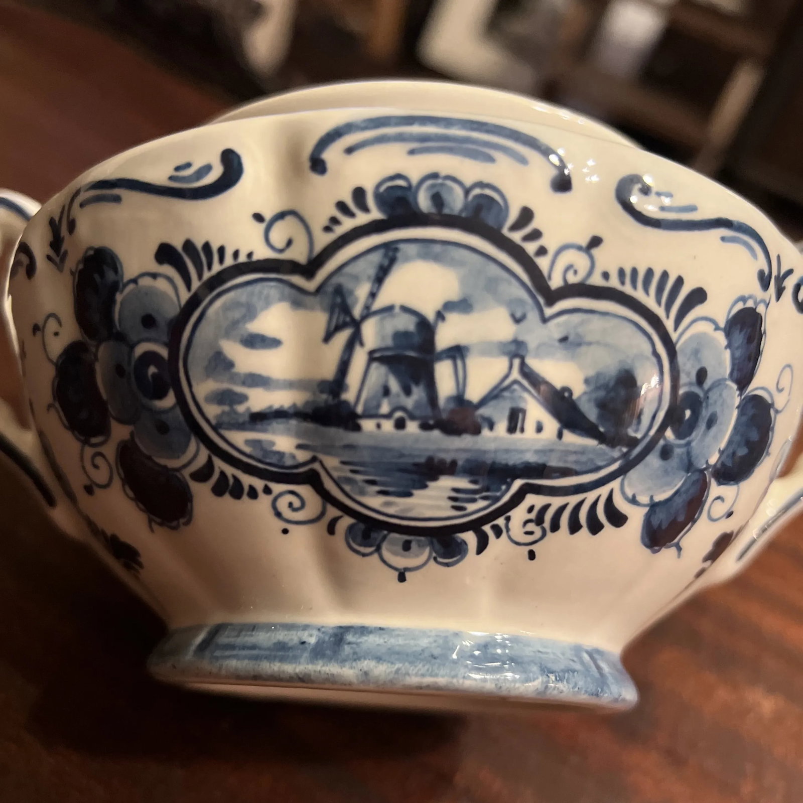 Vintage Hand Painted Delft Blue Large Covered Sugar Bowl, Signed - 12